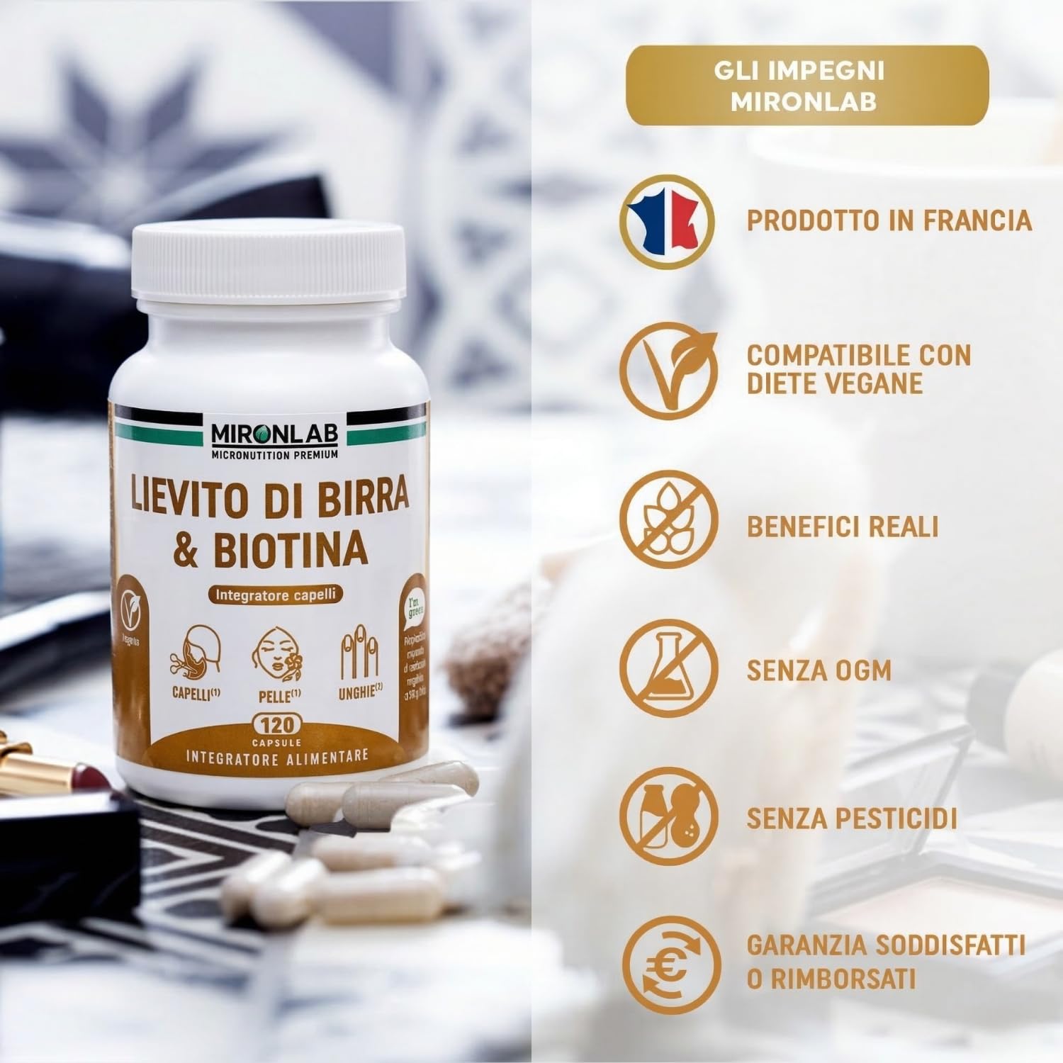 Lievito di Birra - Alto Dosaggio : 1640mg - Arricchito di Biotina Vitamine e Minerali - Integratore crescita capelli e Bellezza pelle e unghie - 120 Capsule : 1 mese - MIRONLAB