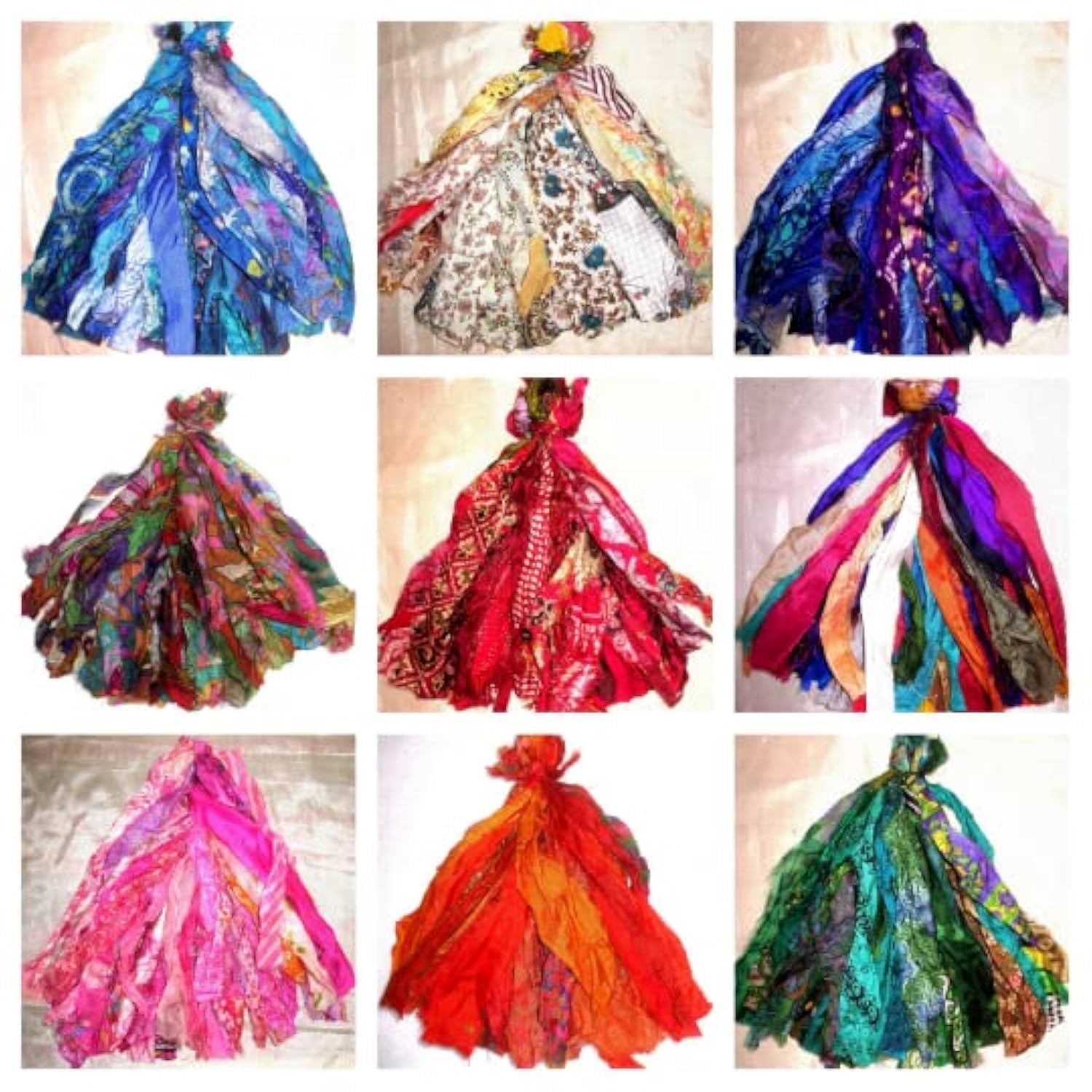 Vintage Fabuloz 9 Colors 25 Strands Each Vintage Sari Silk Tassels Ribbons Yarn Total 225 Strands 10" Long Ribbon Strips Journal Scrapbook Home Decor