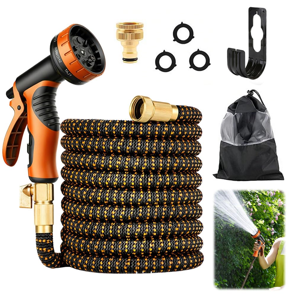 75FT Expandable Garden Hose Pipe, Expandable Flexible Hosepipes with 10 Function Spray Gun, 3/4", 1/2" Solid Brass Fittings, 3 Layer Latex Water Hose for Gardening & Cleaning (75FT/22.5M)