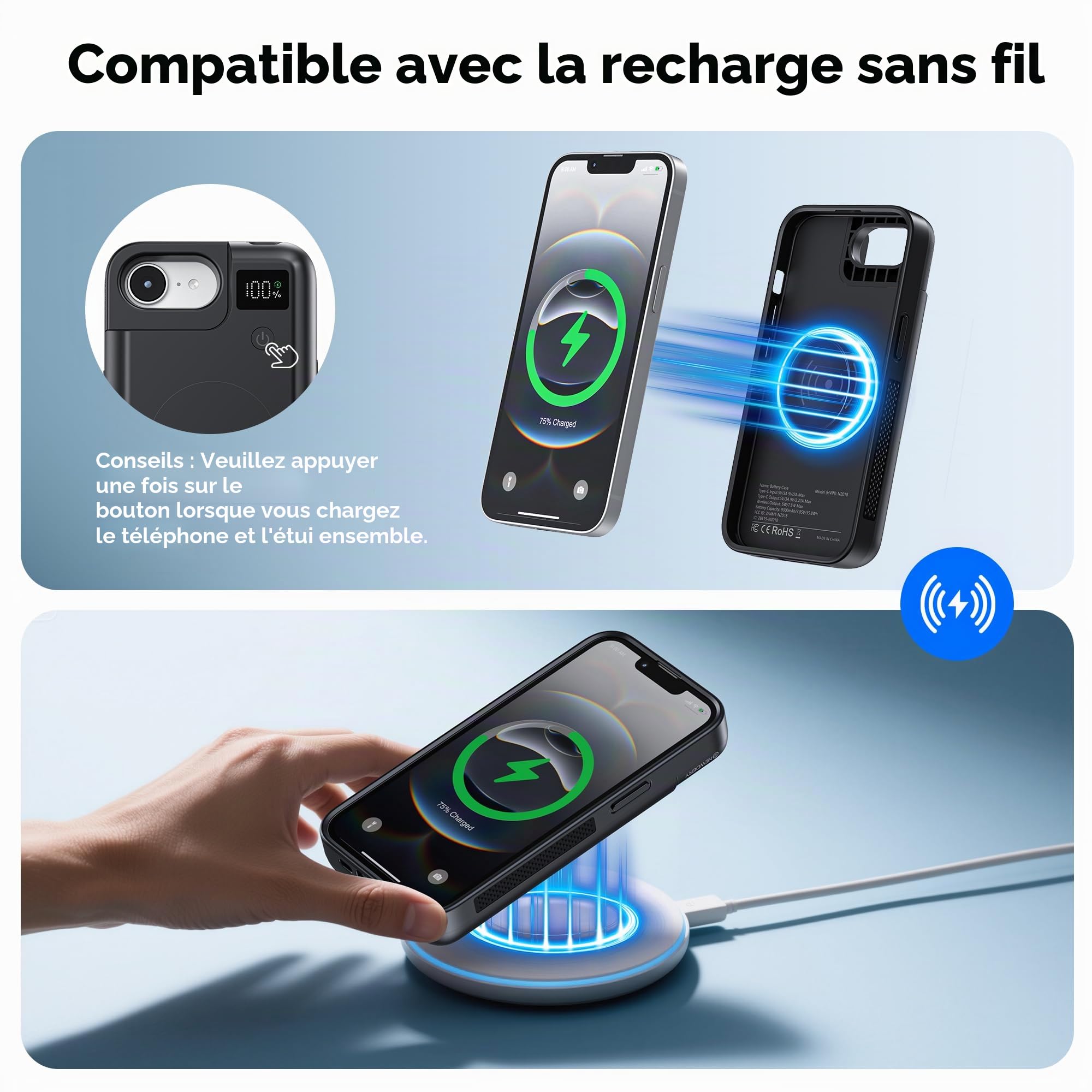 Mavulo Coque batterie pour iPhone 16e/17e, 9300 mAh, 20 W | Battery Case, Étui de téléphone portable avec batterie externe, étui de charge, 6,1"