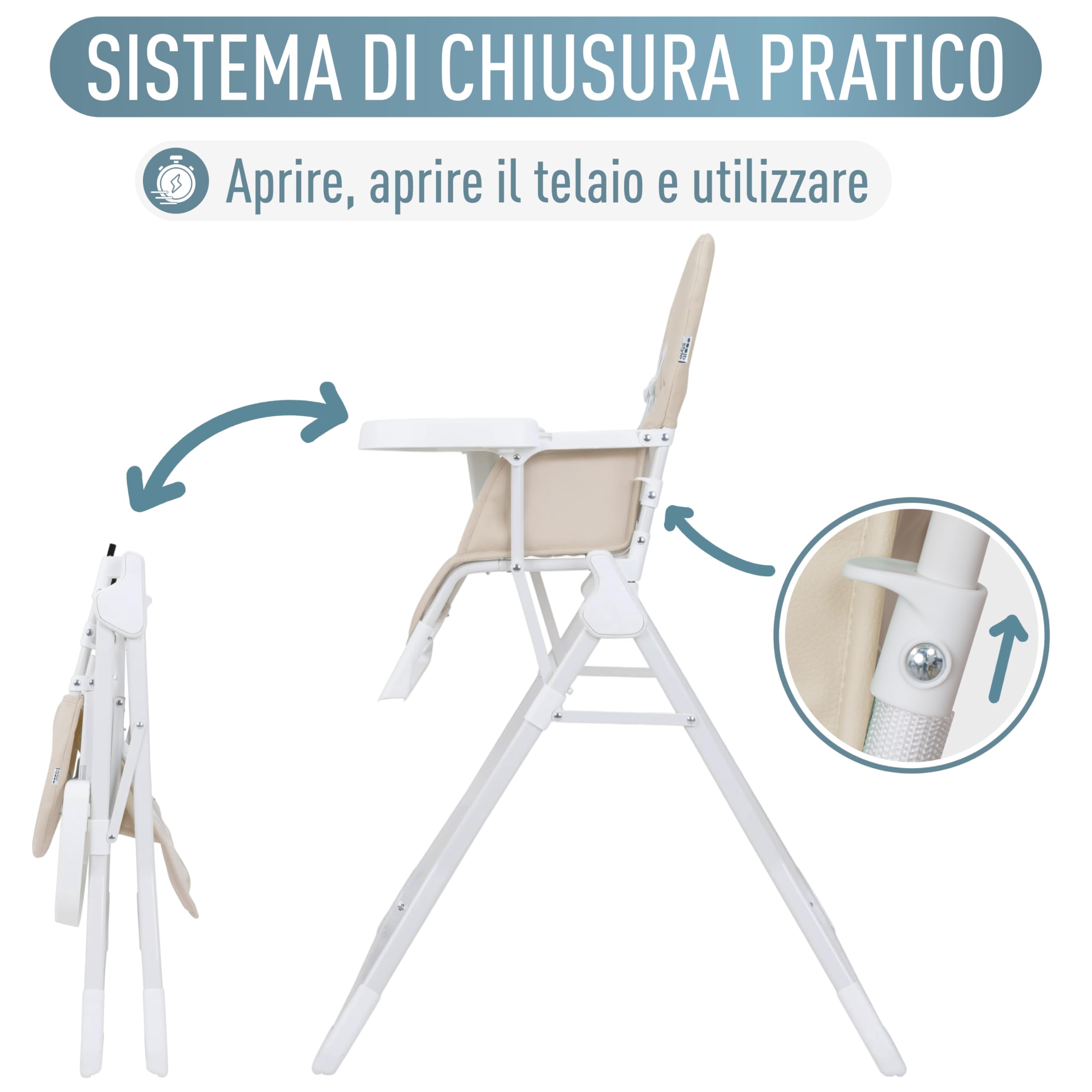 IB STYLE Seggiolone Pappa Leno - Seggiolone Pieghevole e Salvaspazio, Evolutivo con Vassoio e Poggiapiedi, Cintura a 5 Punti, Seduta Imbottita, Facile da Pulire, da 6 Mesi a 3 Anni (15 kg), Beige
