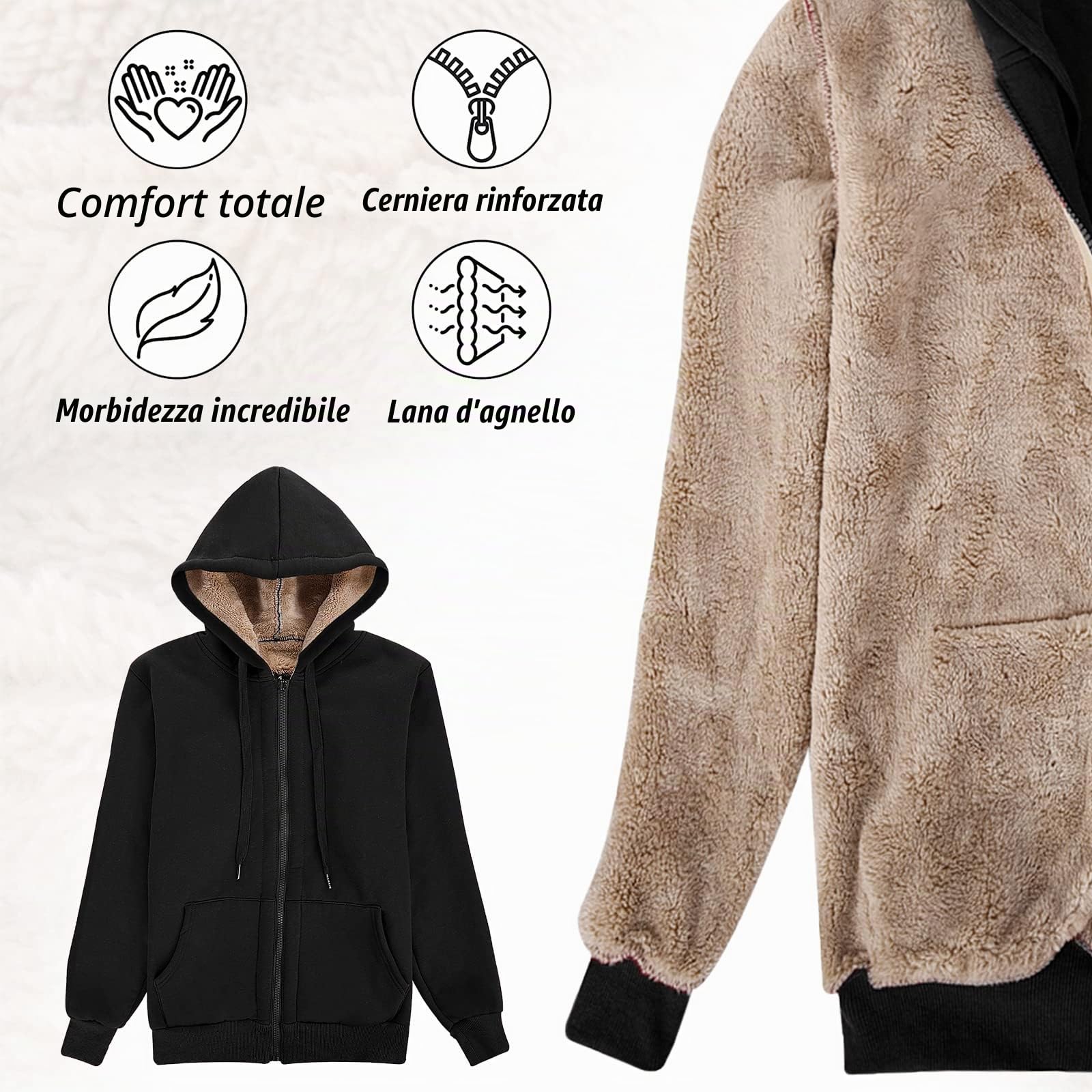 Voqeen Felpe Donna con Cappuccio Caldo Felpa in Peluche Cerniera Coulisse con Tasca Cappuccio Cordoncino Manica Lunga Sweatshirt Hoodies Cappotto Giacca Autunno Inverno