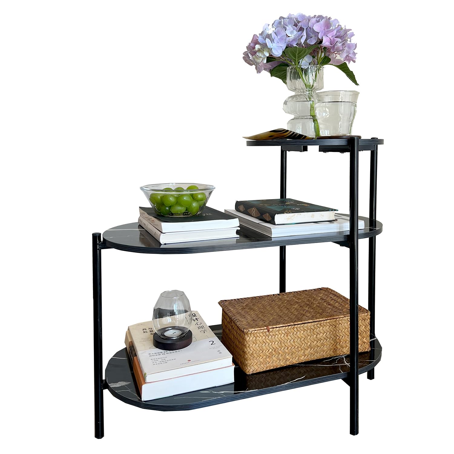 TARKAN Living Room End Table, 3 Tier Sofa-Side Wooden Table Marble Finish with Metal Frame (Black)-image-40