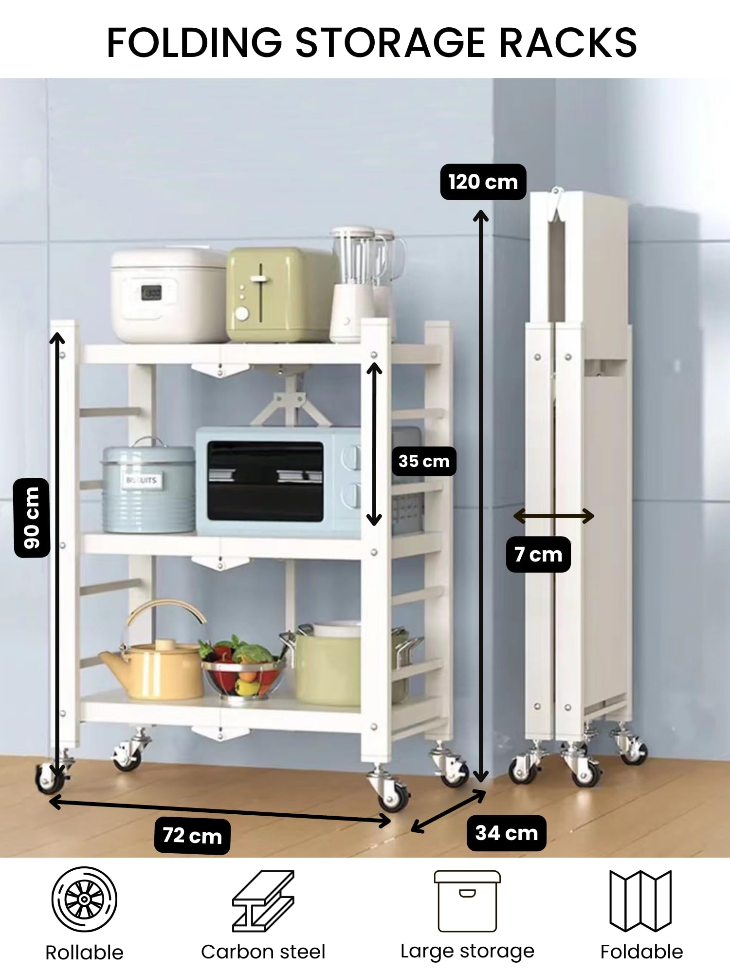 MAGIC SELECT Scaffale Modulare Multiuso con Ruote e Pieghevole per Mobili da Cucina, Bagno, Camera da Letto e Soggiorno con 3 Ripiani