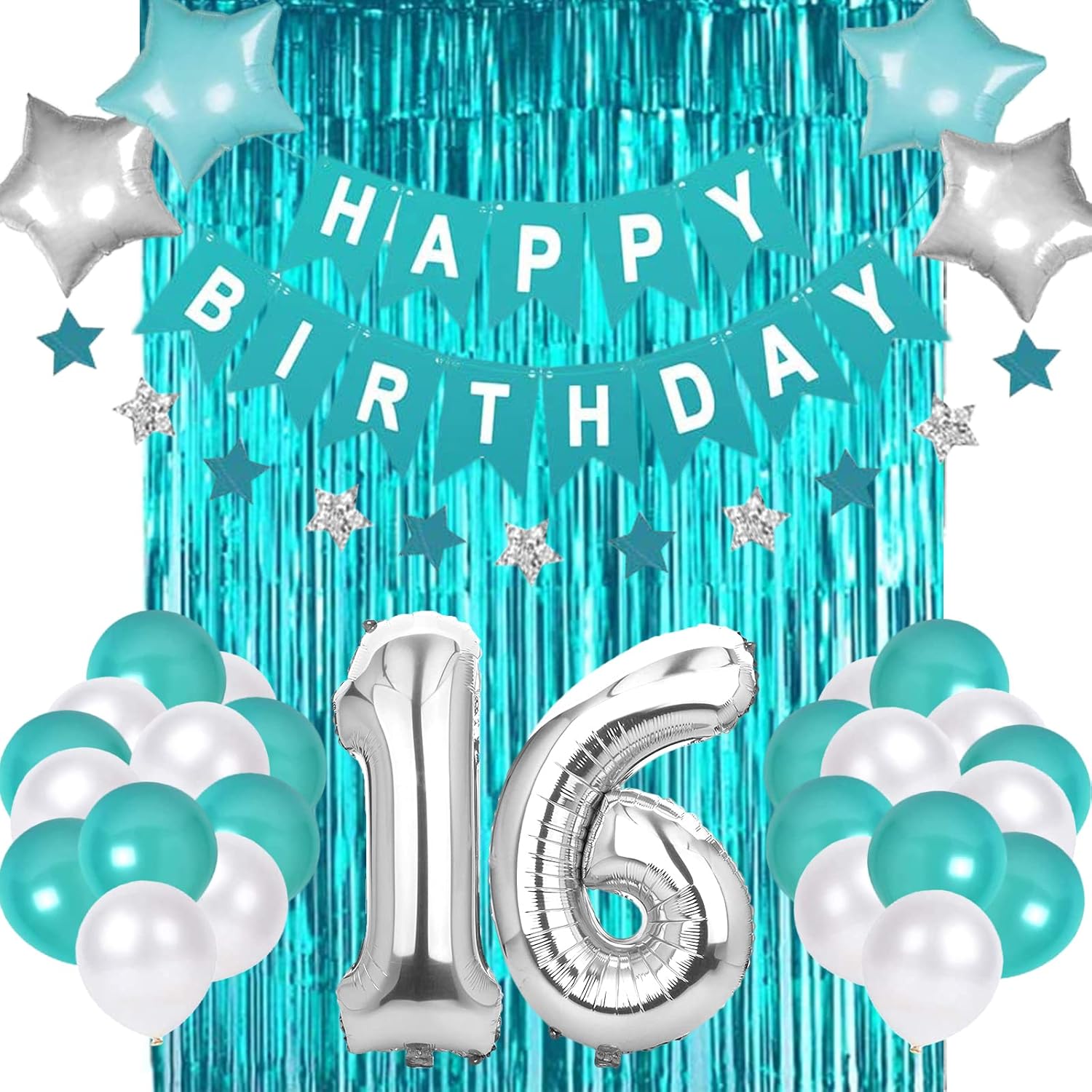 Teal Blue Sweet 16 Sixteen Decorations - Happy 16th Birthday Banner, Balloons & Supplies for Girls