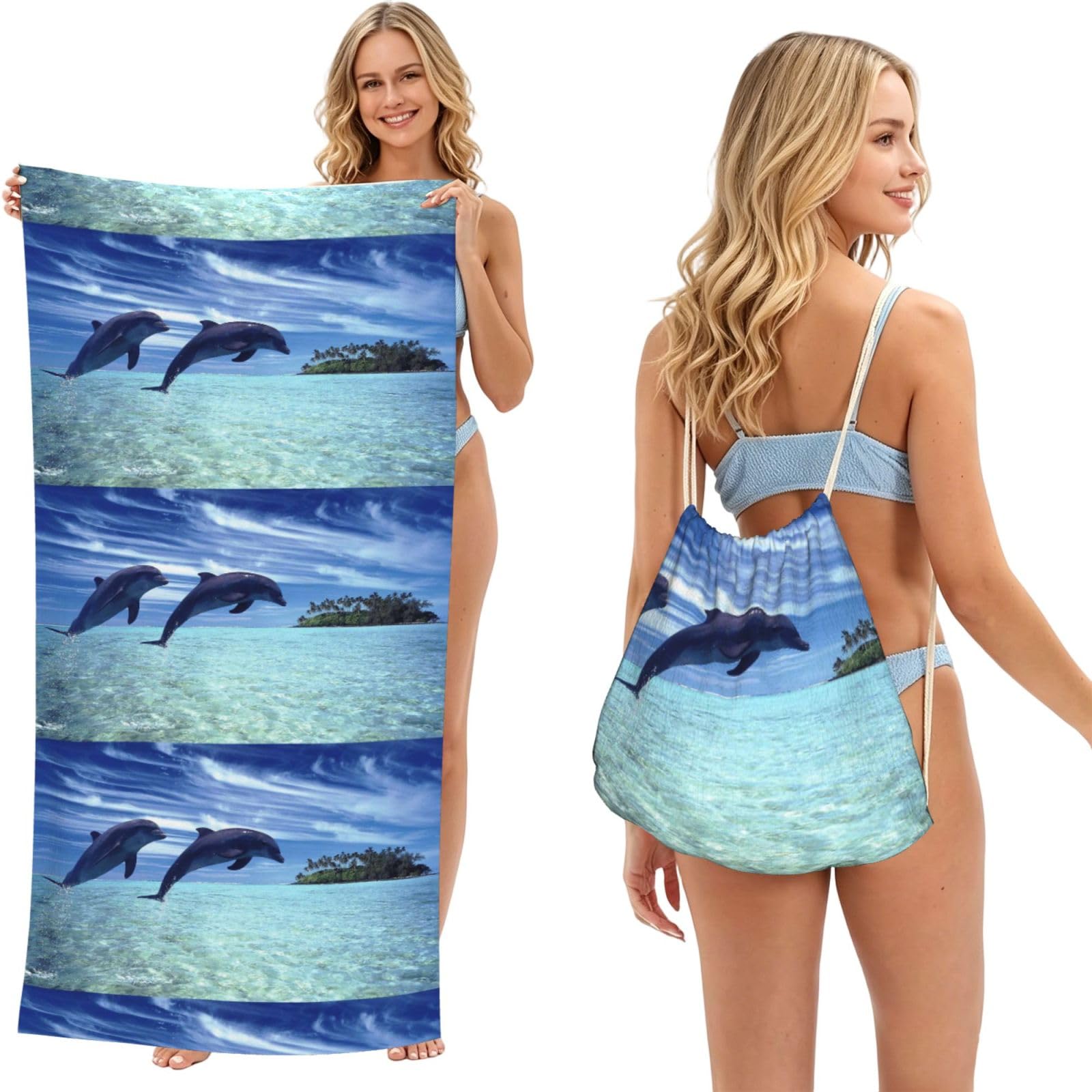 Poadnly As Picture Jumping Whales, 2 In 1 Packable Towel Bag, Beach Towels With Drawstring Backpack For Travel Holiday Camping