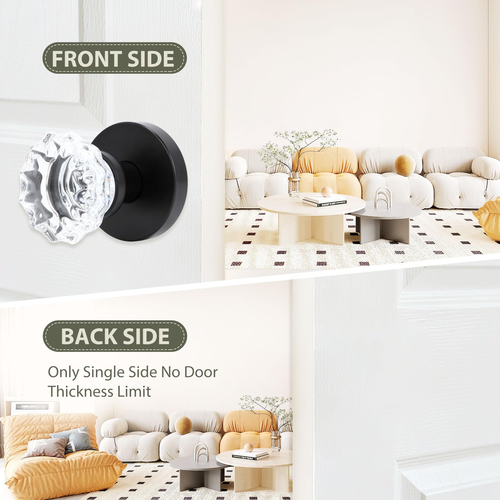 Black Crystal Door Knobs - 2 Pack Dummy Knobs -2