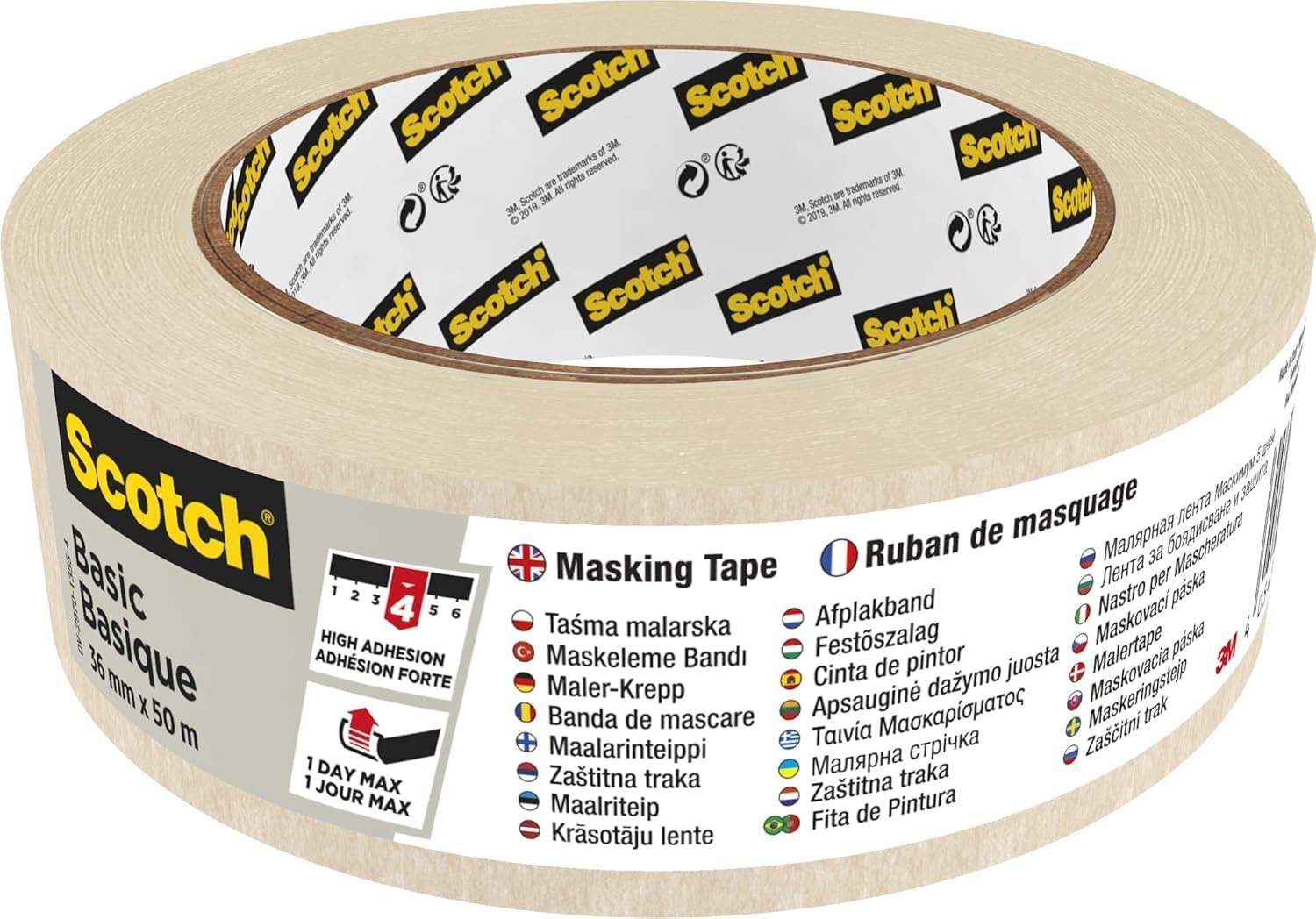 Scotch Basic Masking Tape, 1 Roll, 36 mm x 50 m, Beige - Painters Masking Tape for Indoor Painting and Decorating