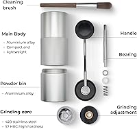 Vista 3 de Molinillo de café manual de Alpaca Ventures - Molinillo de café manual de rebaba cónica de acero inoxidable con ajuste ajustable Doble rodamiento