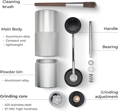 Vista 3 de Molinillo de café manual de acero inoxidable con ajuste ajustable, doble rodamiento, molinillo de café manual para el hogar, la oficina y el plateado