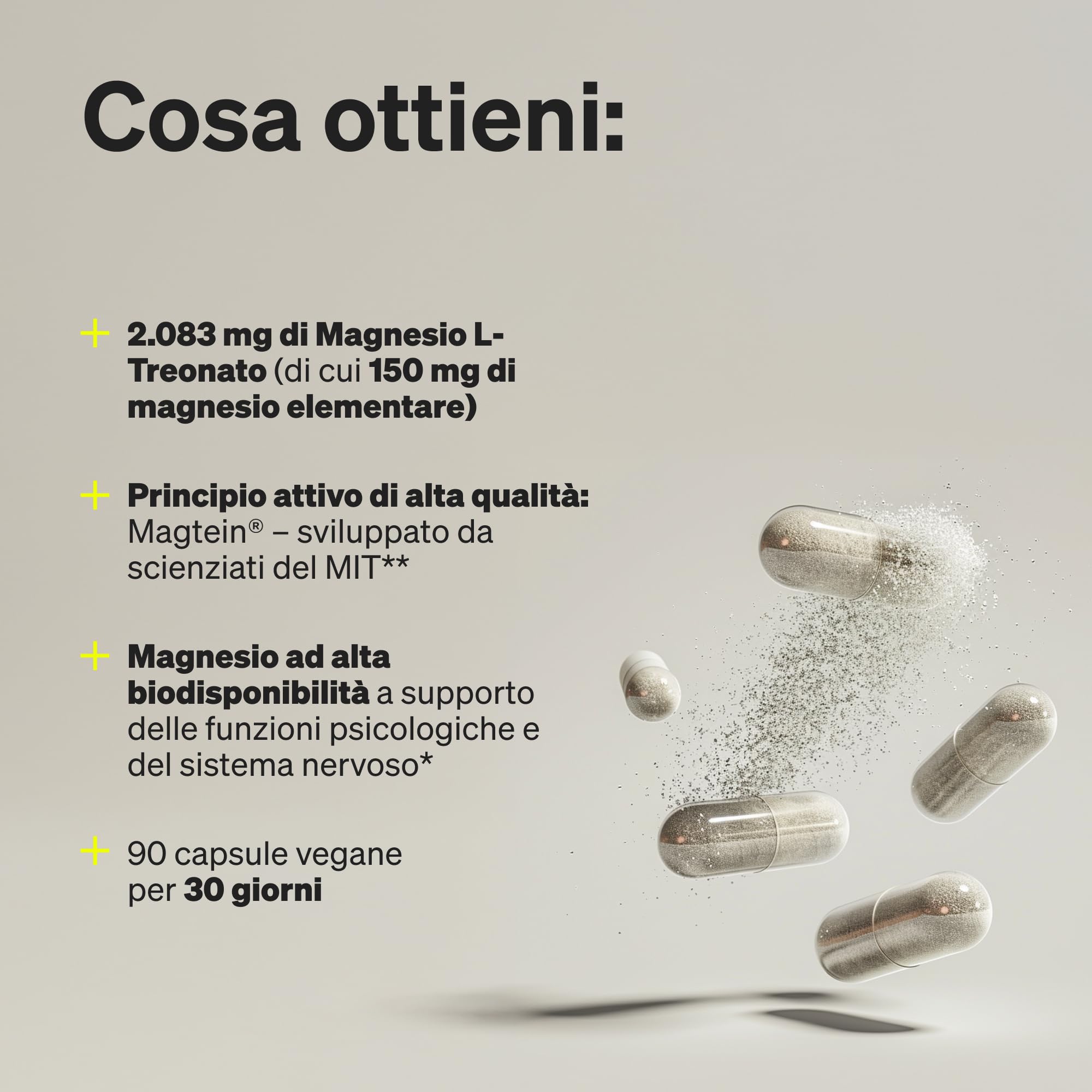 Magnesio L-Treonato (Magtein®) – 150 mg per dose giornaliera – 90 capsule per 30 giorni – per il tuo equilibrio di magnesio – vegano e ad alta biodisponibilità