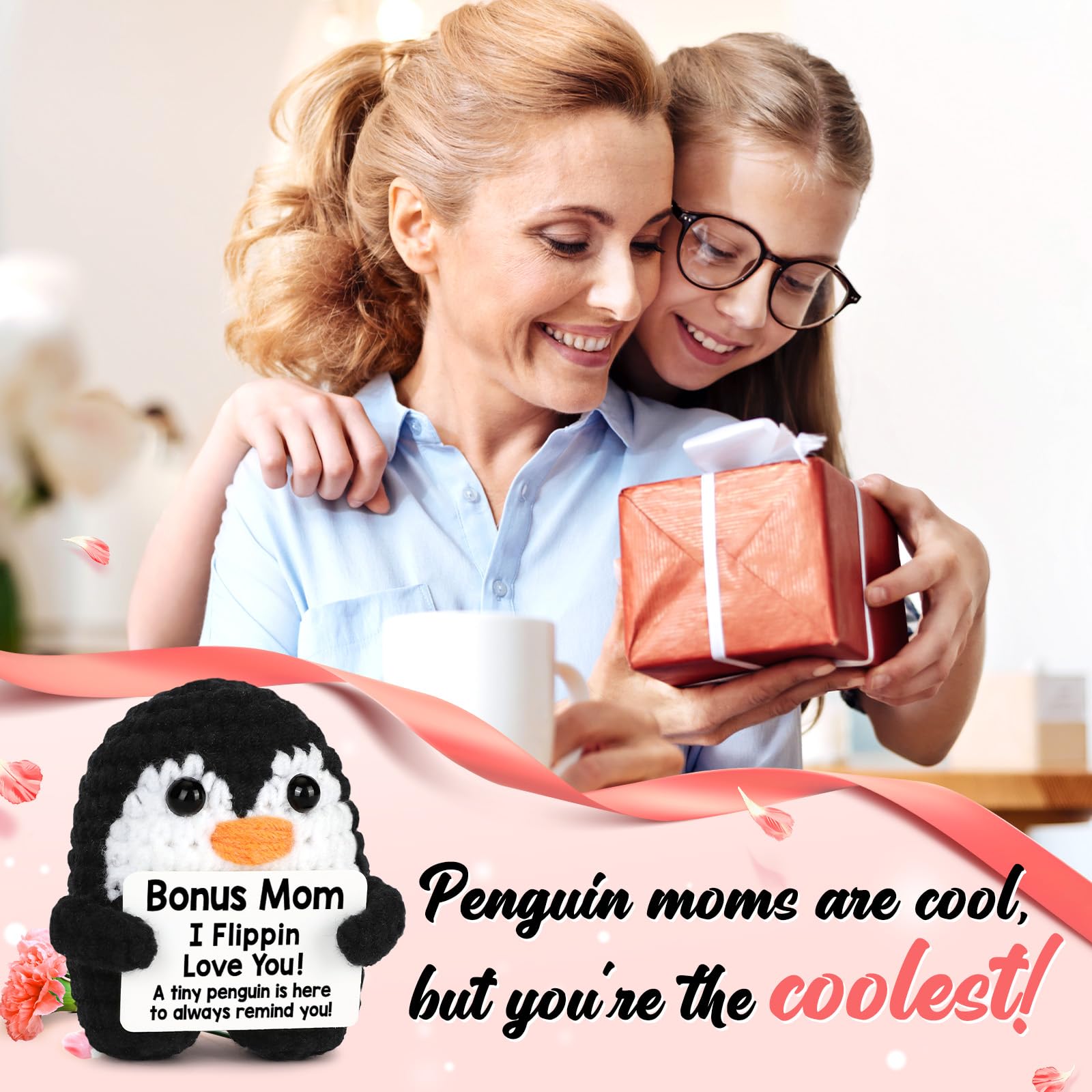 CryCarrot Mini Funny Bonus Mom Gifts for Birthday Mothers Day, Handmade Crochet Penguin for Bonus Mom from Daughter Son, BonusMom Gifts for Birthday Mother‘s Day Christmas Cute Decor
