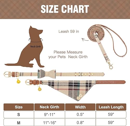 Miniatura 2 de Juego de collar y correa para perros pequeños con pajarita, collares de correa para cachorros, a cuadros beige clásicos, tamaño ajustable con