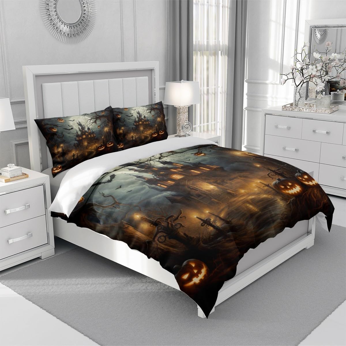Halloween Duvet Cover Set, Halloween Palace Pumpkin Bat Gothic Bedding Set Full, Soft Microfiber Quilt Cover for Kids Adults, Black