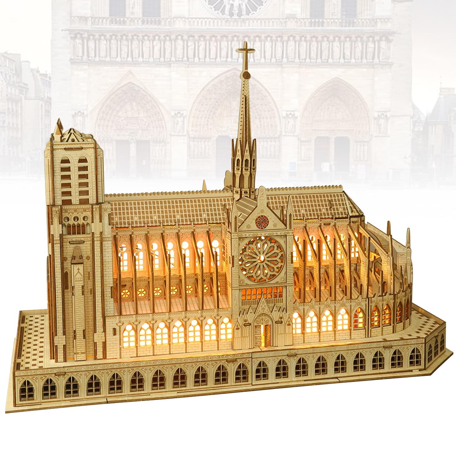 Mostop 3D Wooden Puzzles for Adults,Notre Dame de Paris Church Model Kit for Adults to Build,Led Light DIY Games Gift on Birthday Christmas,Building Puzzle 266 Pcs