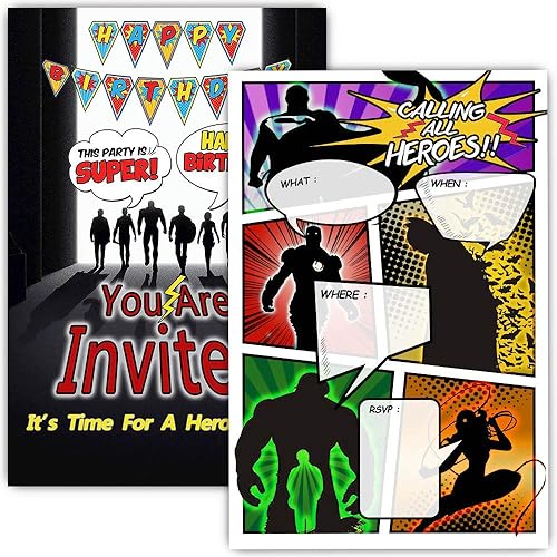 ukebobo 30 invitaciones de fiesta de cumpleaños de superhéroes con sobres, doble cara, invitaciones de fiesta de superhéroes estilo cómic,