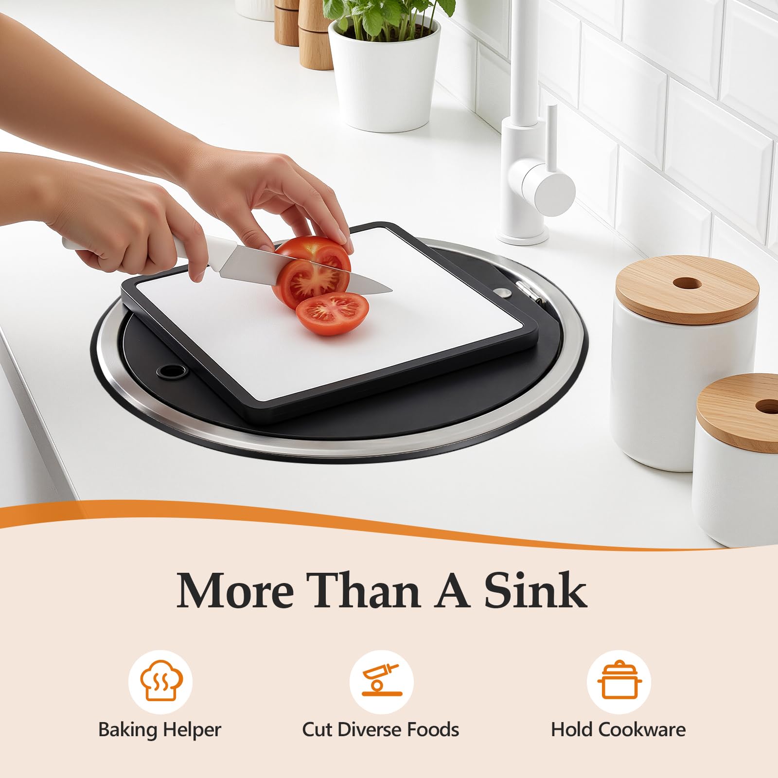 Évier en acier inoxydable Ø 34 cm rond, RV Camping-car Éviers de cuisine Évier encastré en acier inoxydable avec robinet à clapet et raccord de tuyau de vidange, évier de camping pour cuisine, salle