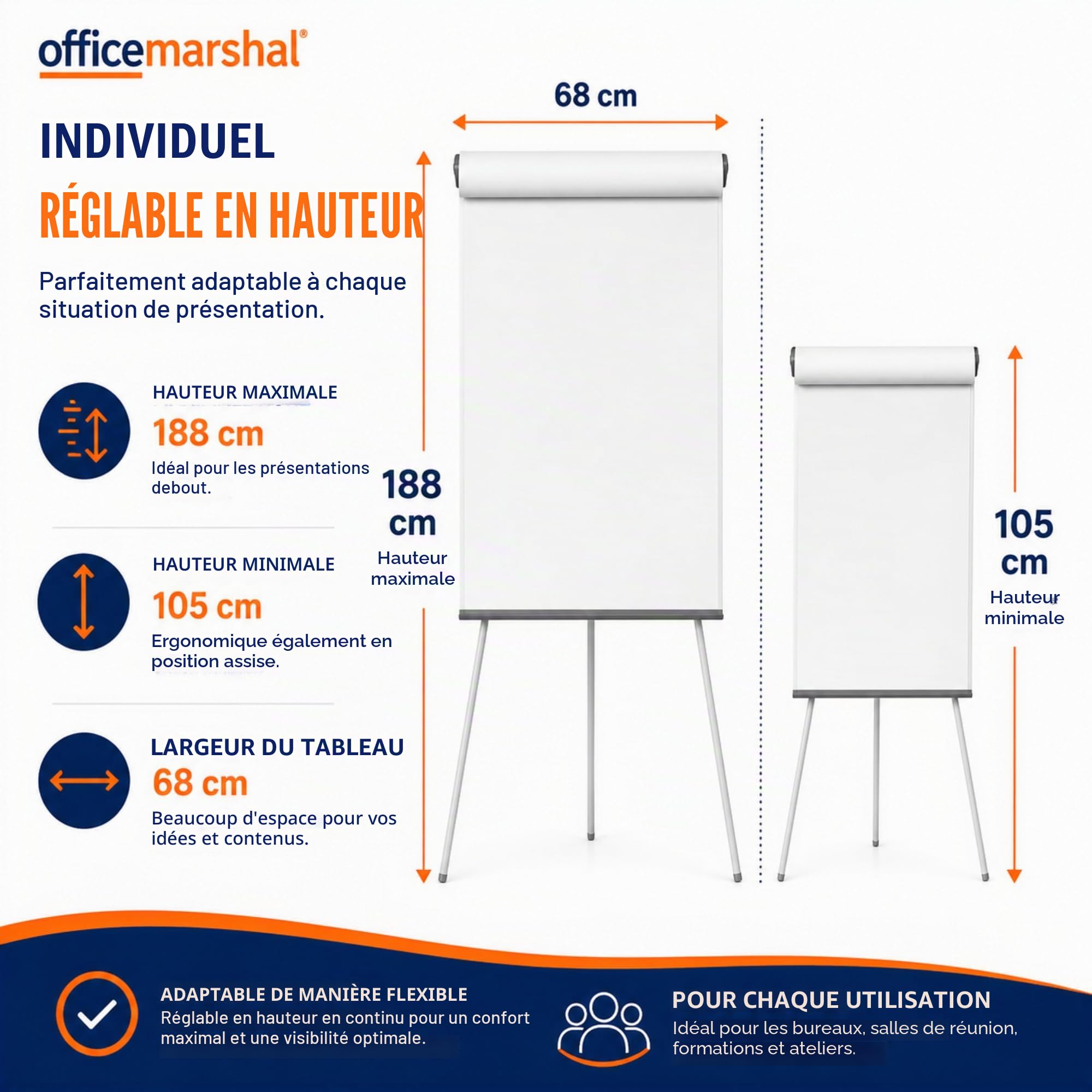 Tableau de présentation - Coyote - Tableau Blanc avec trépied magnétique et réglable en continu - avec Plateau de Rangement pour stylos