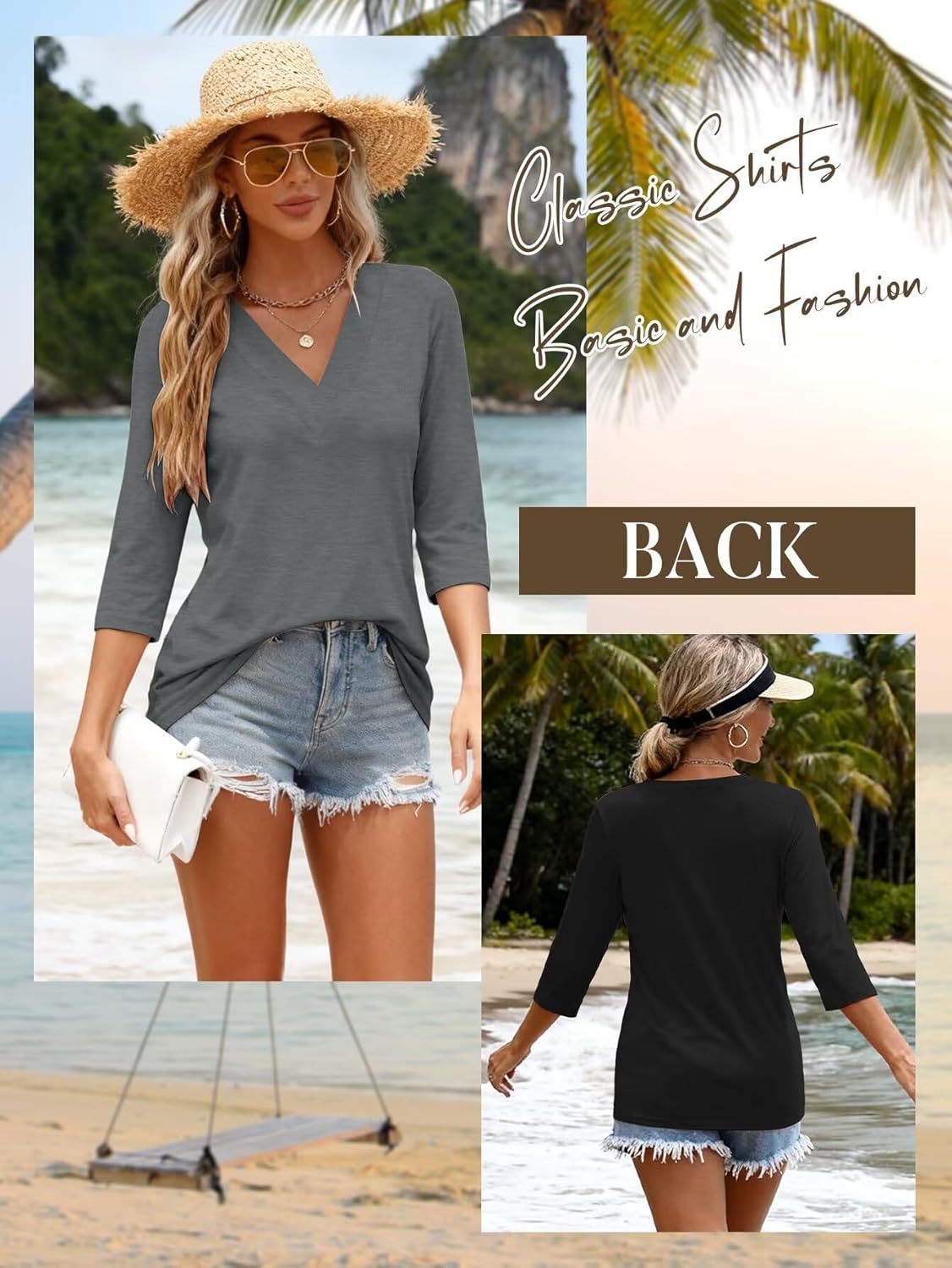 Bliwov 3 Pack Womens Summer Tops V Neck 3/4 Sleeve Loose Tshirts Business Casual Beach Trendy Blouses Spring Clothes Outfit - Image 2
