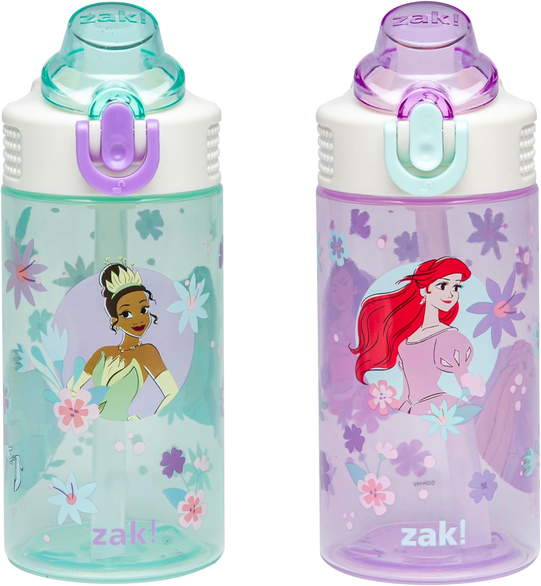 Disney Princess Sage Kids Water Bottle For School or Travel, 16oz Durable Plastic With Straw and Leak-Proof Spout Cover, 2-Pack (Ariel, Cinderella, Jasmine, Moana, Rapunzel, Tiana)