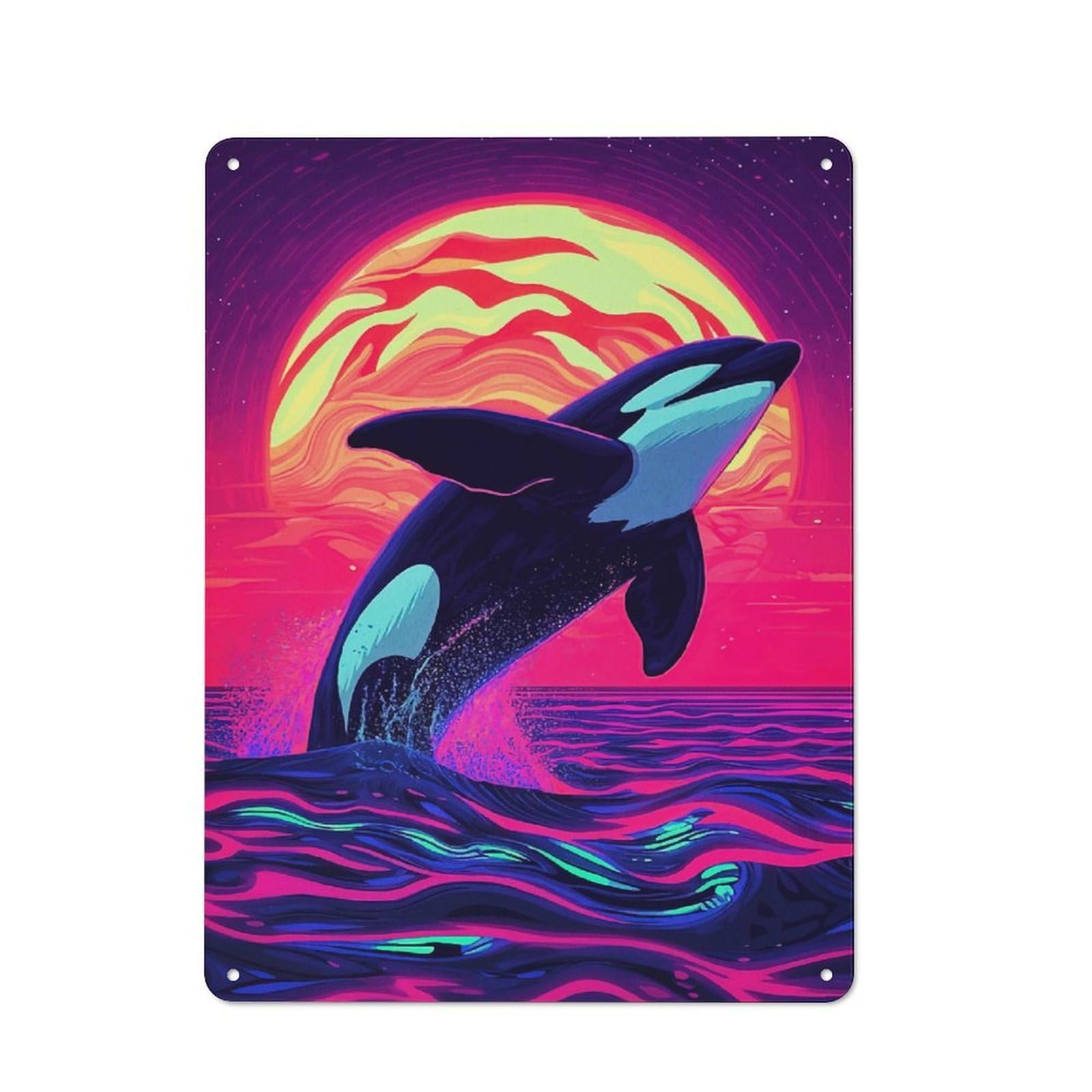 Junmoney Orca Leaping Neon Sunset Tin Wall Plaque 40X30cm With For Pub Or Café, A Decorative Christmas Gift For Hospitality Wall Decor Collectors