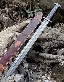 Unique Blades ! Damascus Steel Sword 88-cm Longest ! Custom Handmade Viking Sword ! Hunting Décor Full Tang Sword with Leather Sheath, Gray, 37