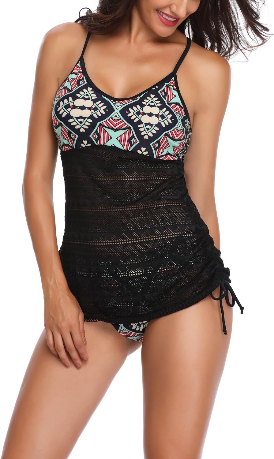 Giorzio Women's Swimsuits Two Piece Padded Bathing Suit Halter Printed Lace Mesh Tankini Set Ladies Swimwear