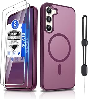 Dizn Magnetic for Samsung Galaxy S23 Case:[Not Fit S23+],with 2 Tempered Glass Screen Protector,Compatible with MagSafe, with Strap,Matte Translucent Cover & Military Grade Protection S 23, Wine Red
