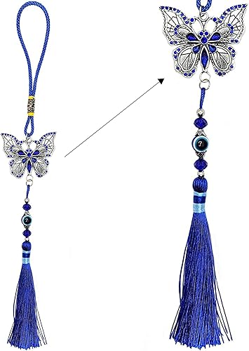 LUCKBOOSTIUM Dije de mariposa con dije de ojo malvado con piedra de cristal azul central y borlas para buena suerte y protección, adorno colgante de