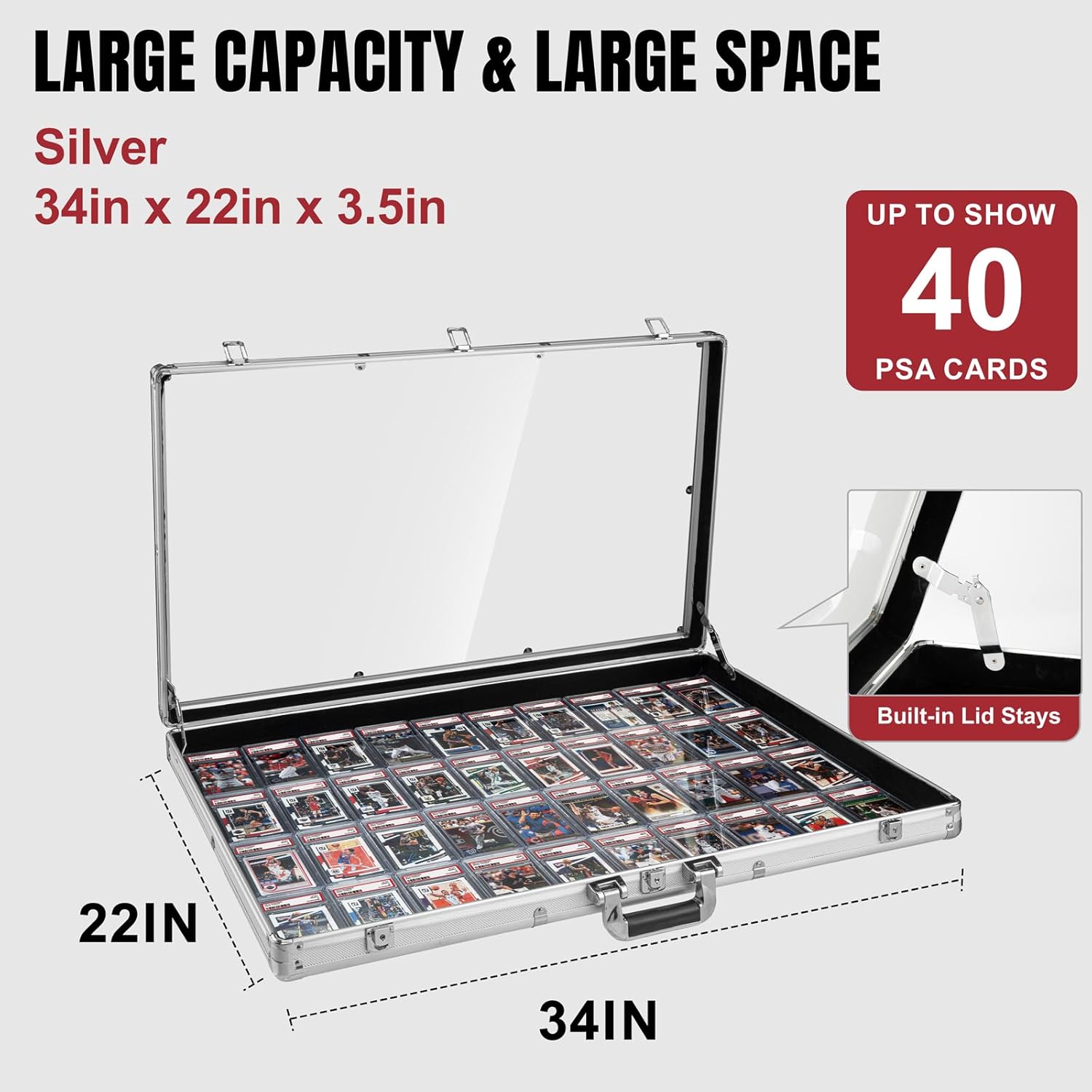 Large Aluminum Cards Display Case, 34"x22" Portable Table Top Trade Showcase with Locks, Suits for Sport Trading Card and Graded Cards Holder with Clear Acrylic, Jewelry Craft Collector Shows