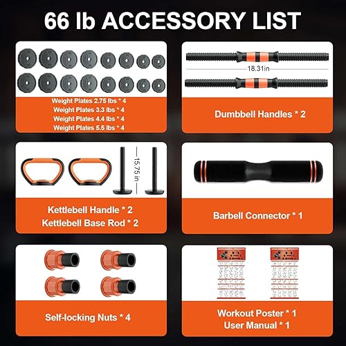 Miniatura 4 de RUNWE Adjustable Weight Dumbbell Set - 33lb4466lb88lb Free Weight Set with Connector, 4 in1 Dumbbells Set Used as Barbell, Kettlebells, Push up