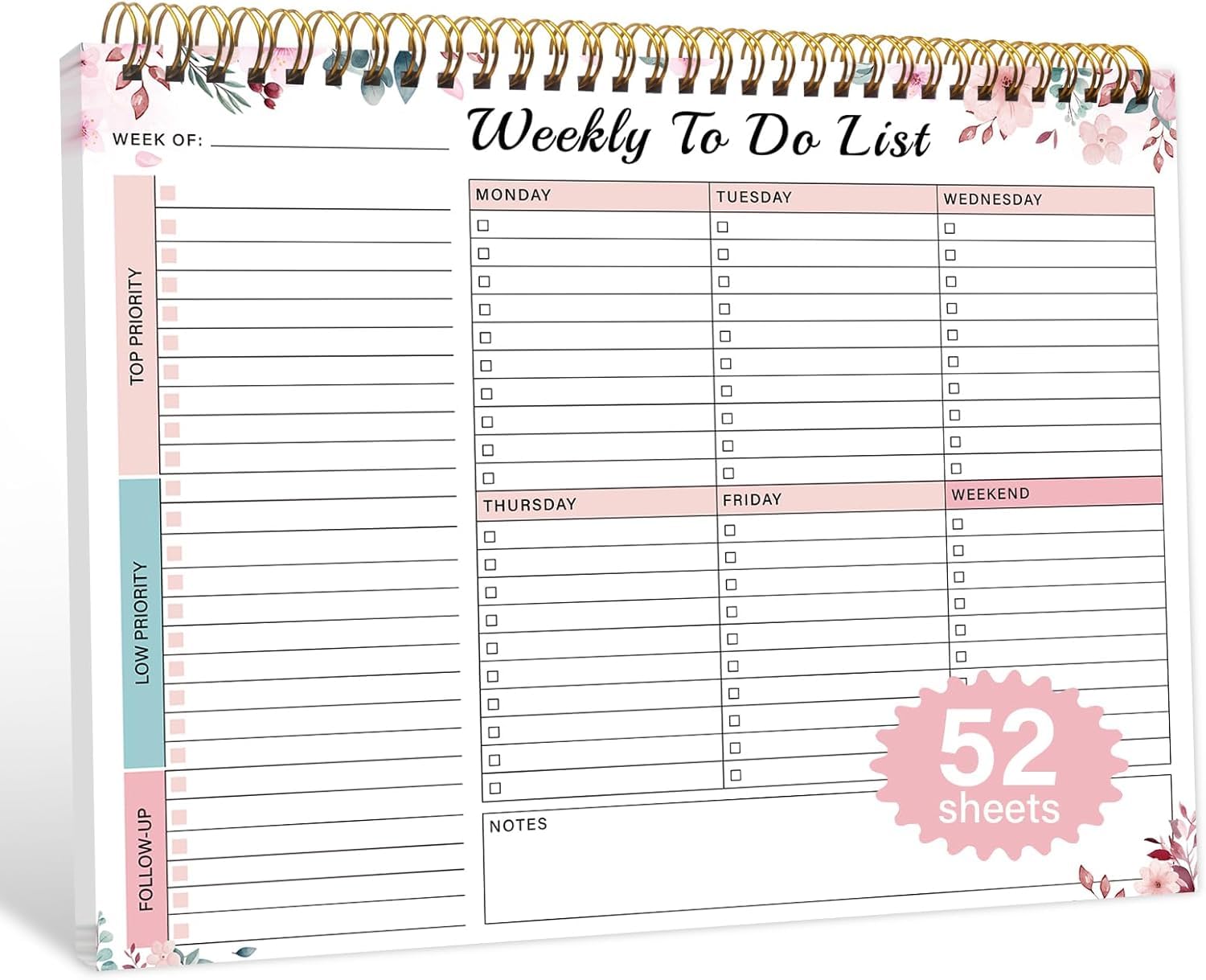 Weekly To Do List Notepad with 52 Undated Sheets(8.5"×11")- Undated Weekly Desk Planner for Women & Man, School/Office Supplies