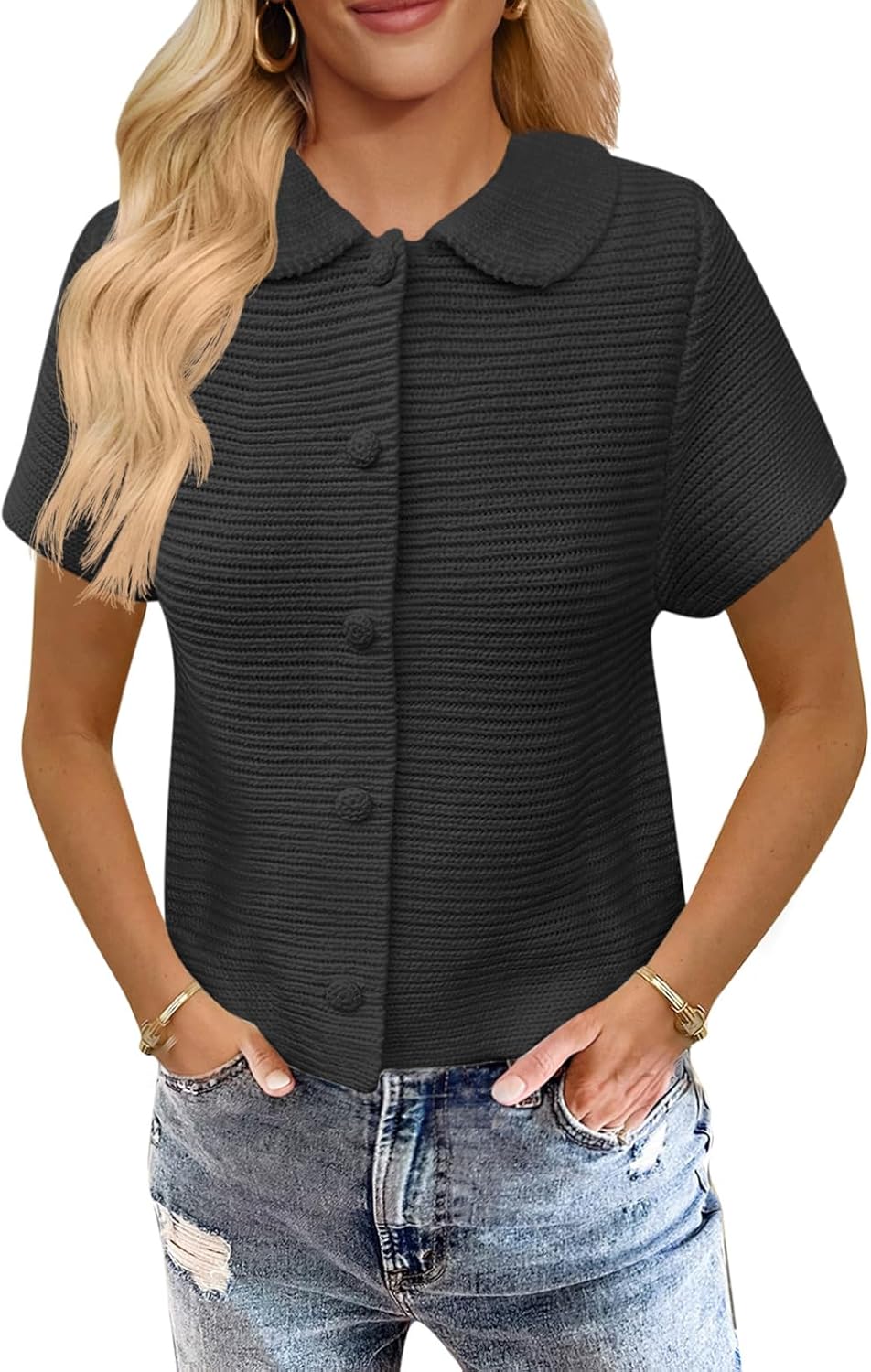 Saodimallsu Womens Short Sleeve Cropped Cardigans Casual Summer Button Down Collared Lightweight Loose Knit Sweater Top Black