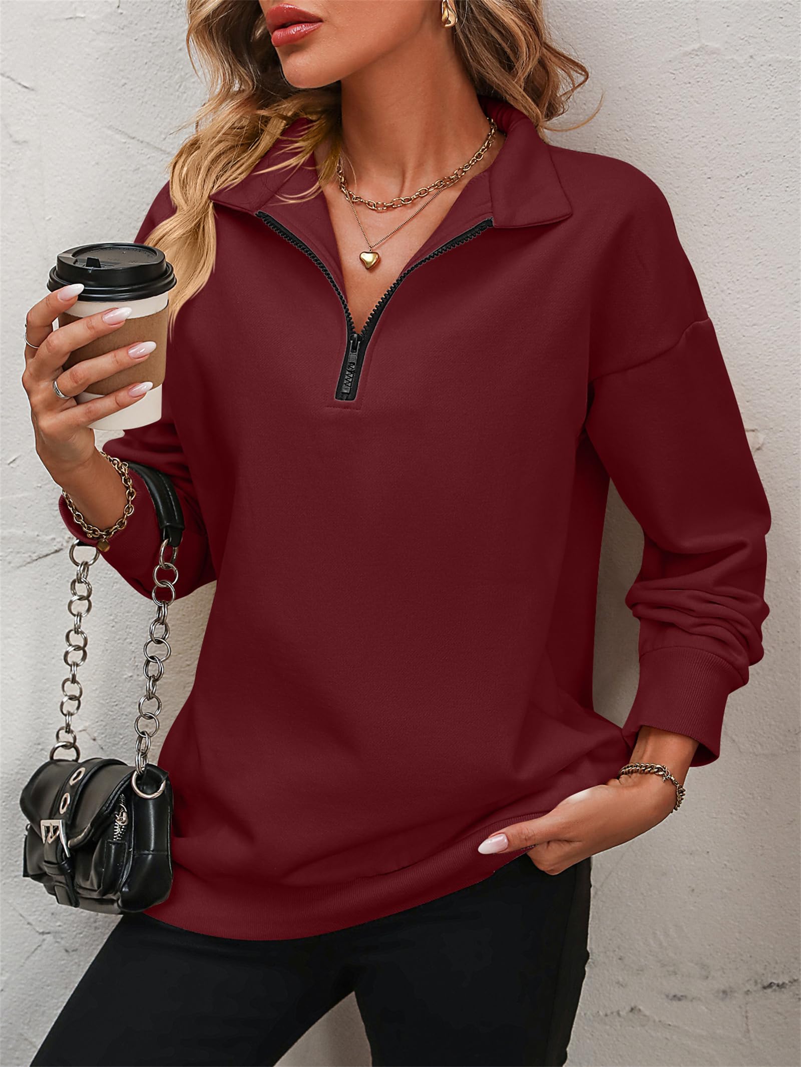 Wholeentire - Sudadera ligera de manga larga con cuello y cremallera para mujer, con cremallera de un cuarto