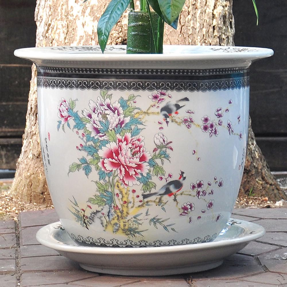 Chinoiserie Ceramic Planter Hand Painted Planter Ceramic Flower Pots Chinese Oriental Bonsai Pot Decorative Plant Pots Succulent Orchid Planter With Saucer For Garden Indoor Outdo,B-34*23cm