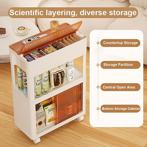 Miniatura 5 de Armario móvil para aperitivos, carrito de almacenamiento de plástico de 3 niveles con ruedas, carrito utilitario para dormitorio, sala de estar,