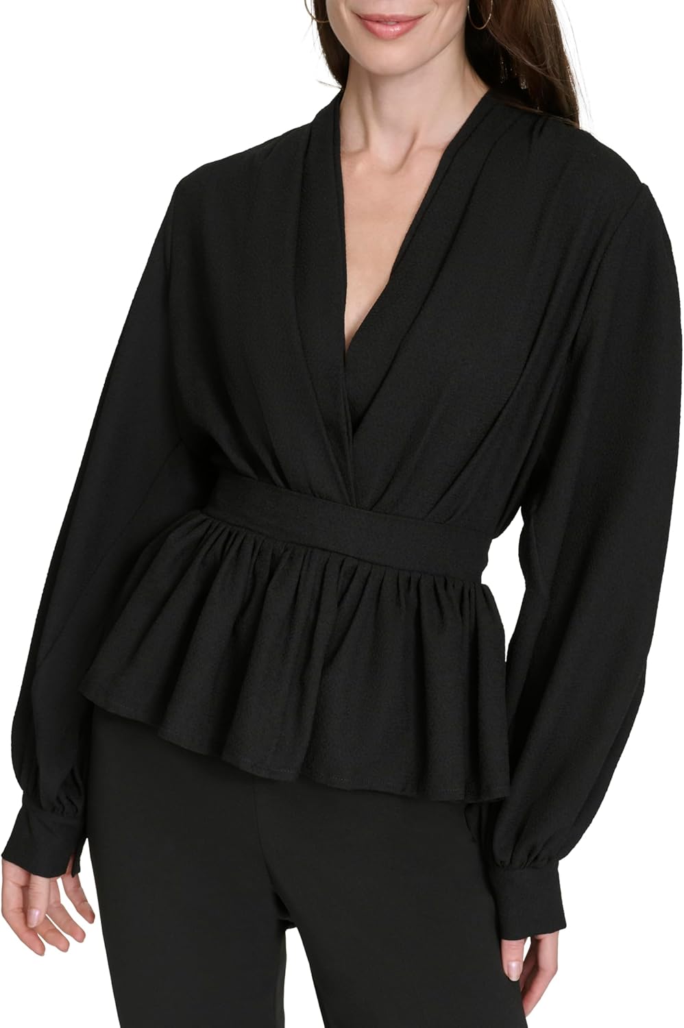 Halston Womens Long Sleeve Bishop Sleeve Cinched Waist Draping V Neck