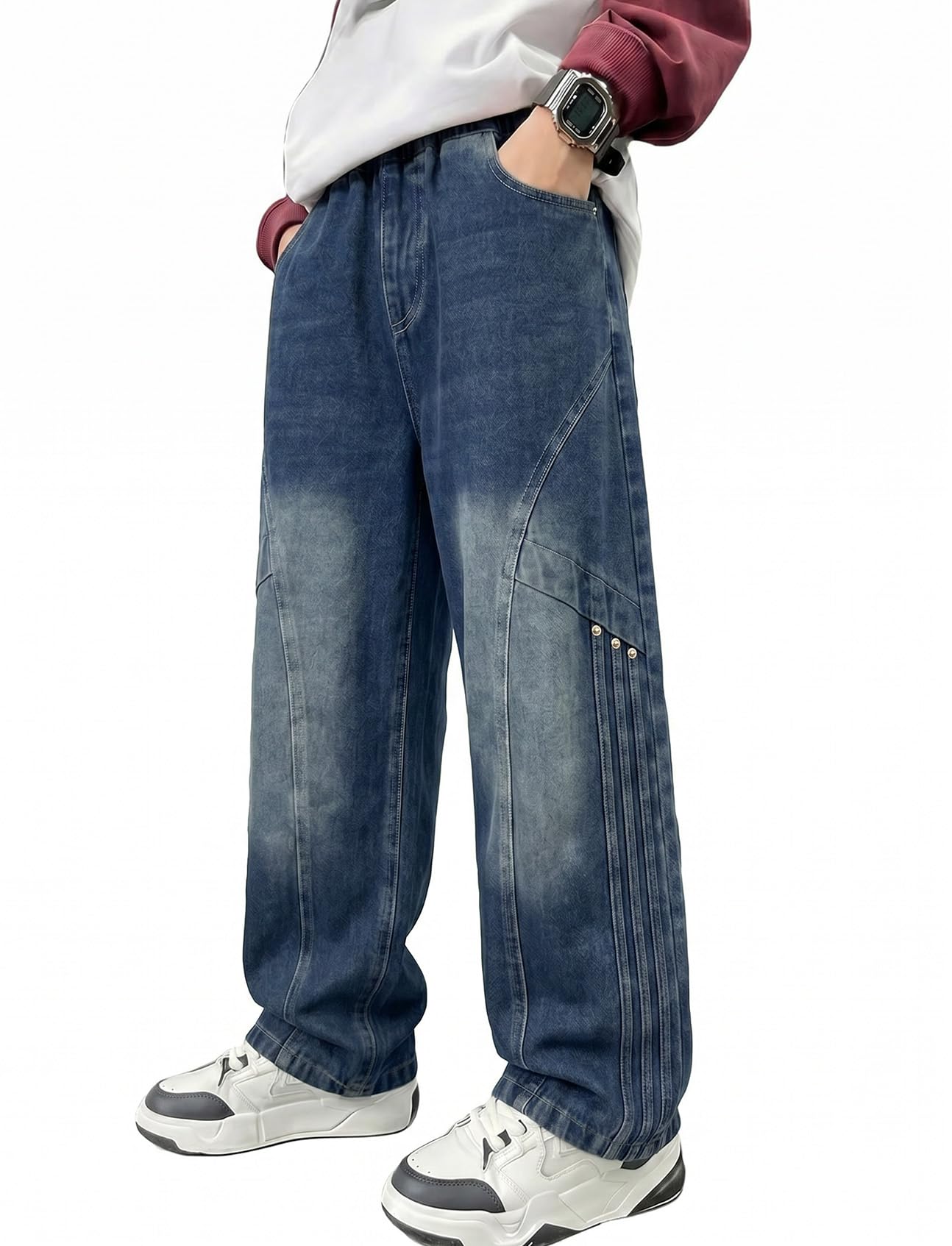 JiAmy Jungen Jeanshose Elastischem Bund Baggy Jeans Jungs Weites Bein Y2k Kinder Cargohose Baumwolle Denim Hosen für Jungen Mädchen 120-160 (5-14 Jahren)