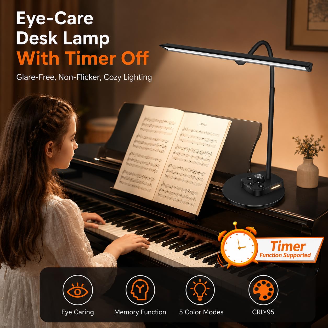 Luz de piano para pianos grandes y verticales, lámpara LED regulable con 5 modos, carga USB, temporizador de apagado automático, diseño de cuello de cisne ajustable, perfecto para músicos