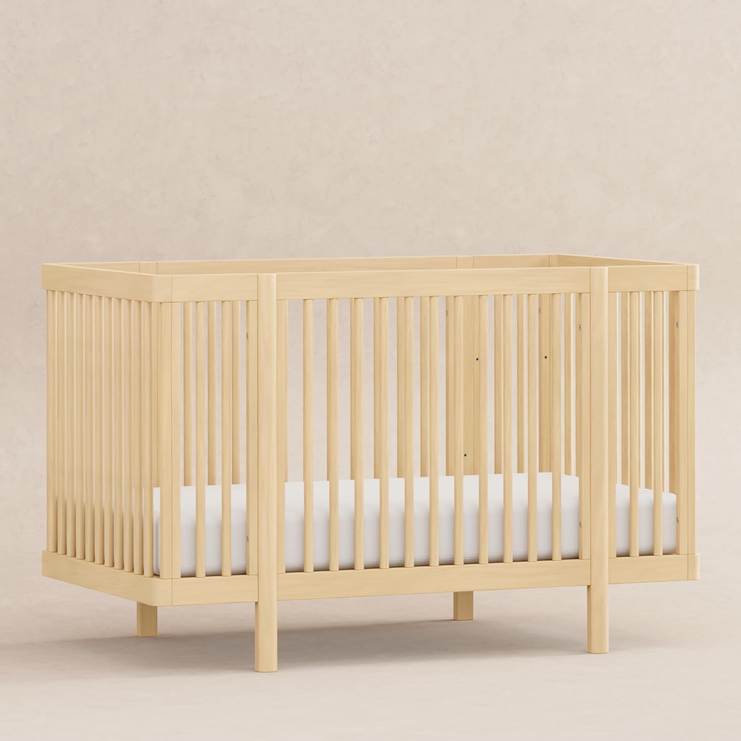 Blonde Pine Wood Convertible Crib with Rounded Spindles