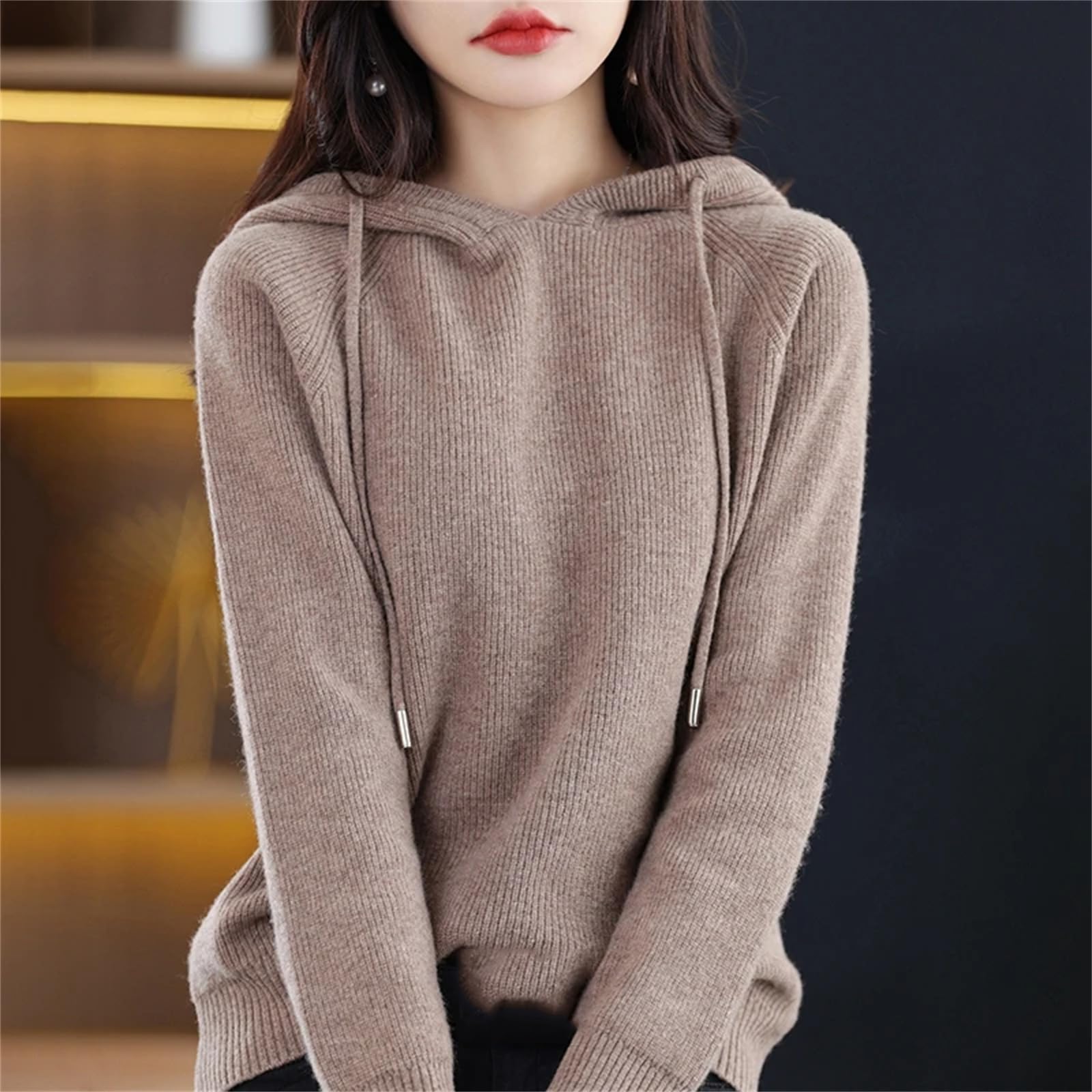 Yeuyyben Maglione da donna in cashmere con cappuccio a maniche lunghe in maglia invernale con cappuccio Pullover in cashmere tinta unita, Marrone e grigio., S