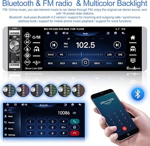Miniatura 5 de Roinvou Estéreo de radio de coche de un solo DIN con Carplay Android Auto, pantalla táctil de 5.1 pulgadas, radio Bluetooth, soporte FM Mirror Link