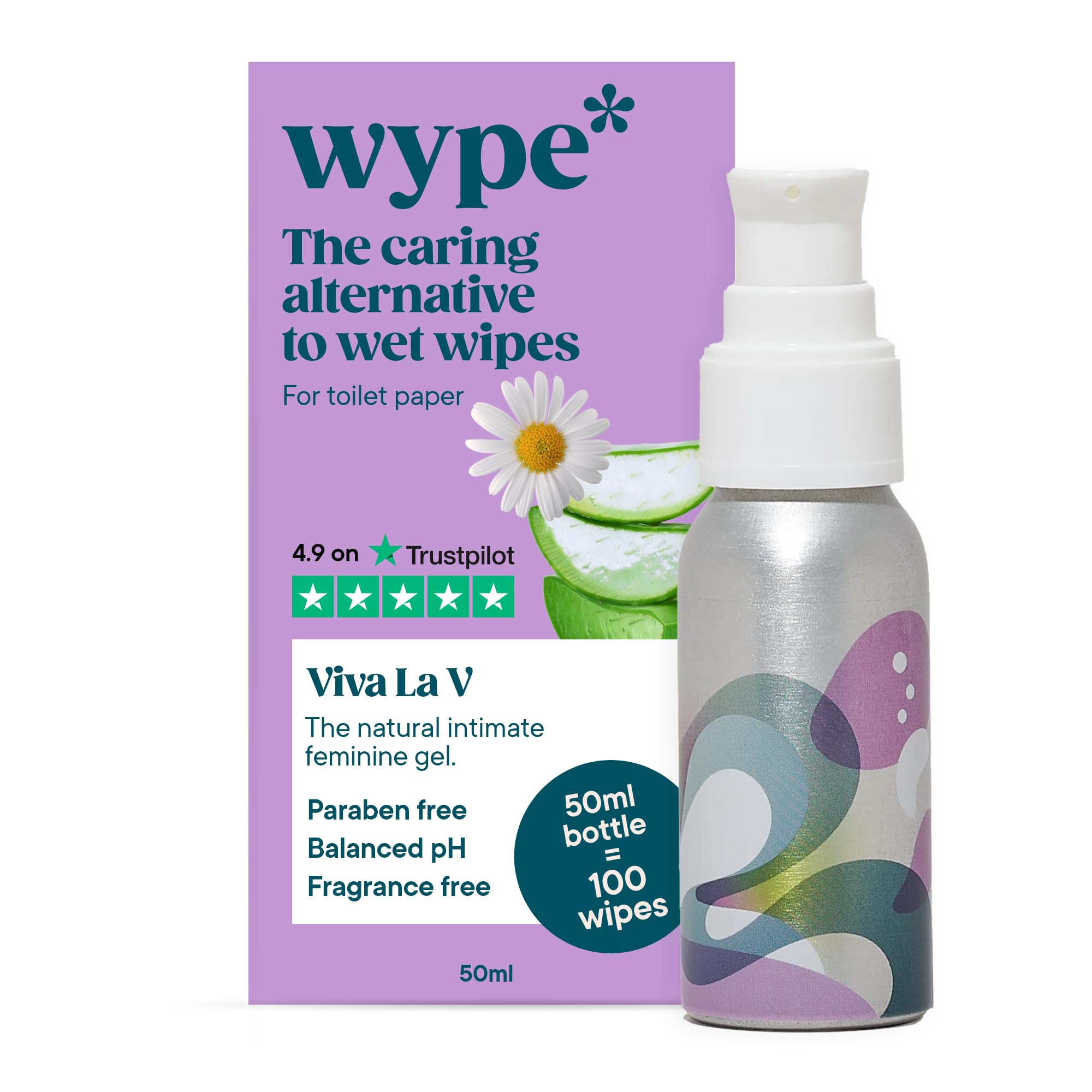 Wype | Viva La V | Intimate Wipes Alternative | Toilet Roll Gel | Gynaecologically Approved, Feminine pH Balanced, Lightly Scented with Rose & Geranium | COSMOS Organic | 100 Wipes | 50ml