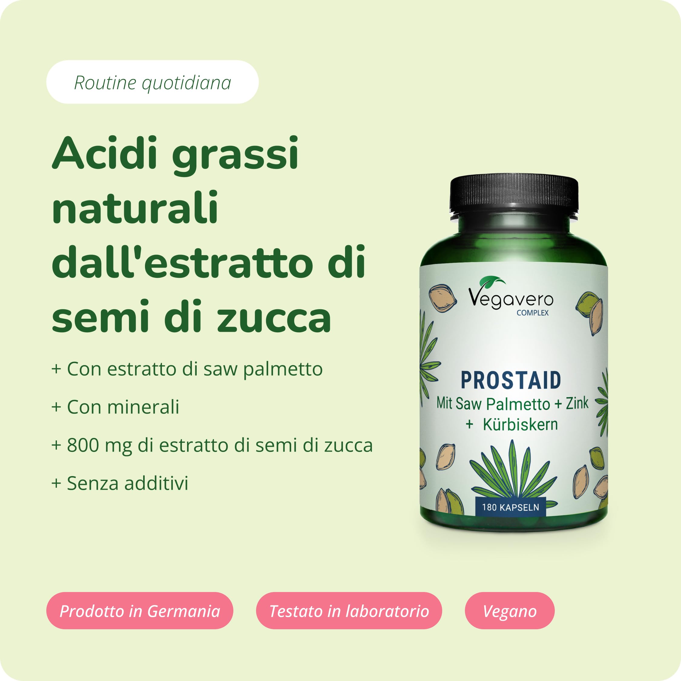 Integratore PROSTATA Vegavero® | 180 capsule | con Serenoa Repens, Ortica, Zucca, Zinco e Selenio | Titolato in Acidi Grassi | per Vie Urinarie Uomo | Vegan