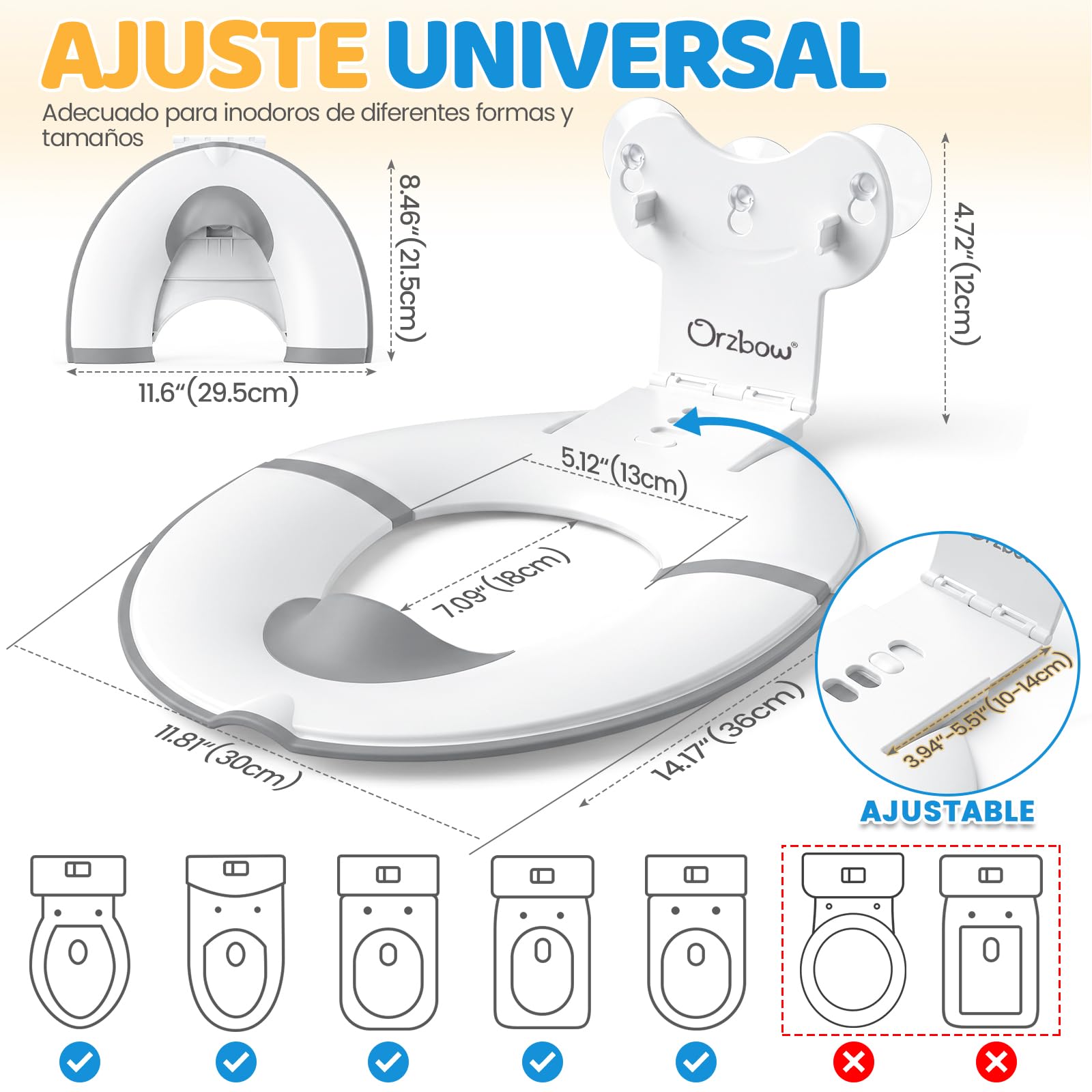 Orzbow Plegable Adaptador Wc Niños, Portatil Reductor Wc Niños con Barrera de Orina de Goma Blanda, Universal Adaptador Baño para Niños con Ventosa, Longitud Ajustable, Fácil de Instalar, Blanco