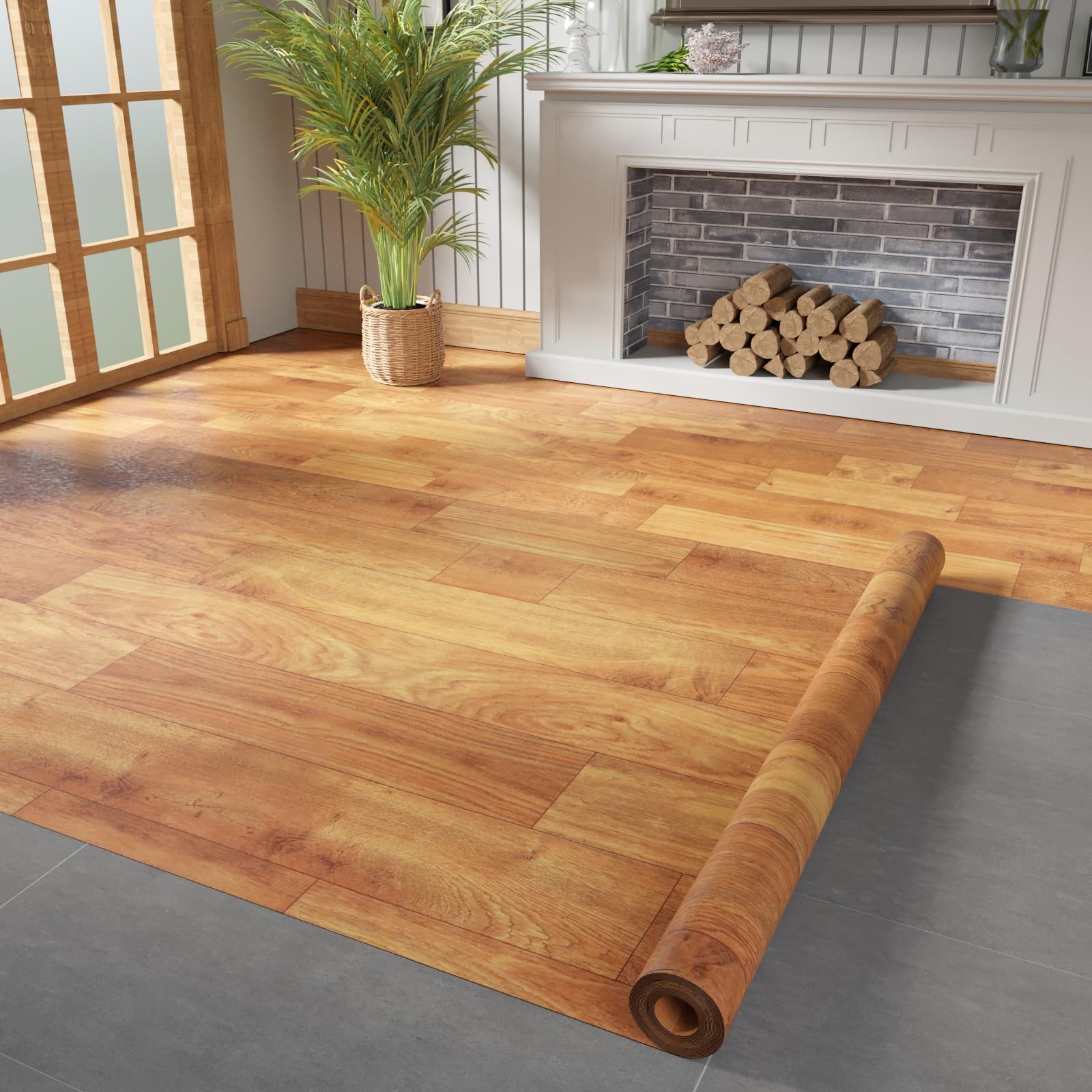 Oxdigi Vinyl Flooring Roll 32 sq.ft | 3'4"W x 9'10"L, PVC Leather-Like Linoleum Floor Covering, Waterproof Durable Heavy Vinyl, Easy to Install with Tape, Removable- No Adhesive Backing, Natural Oak