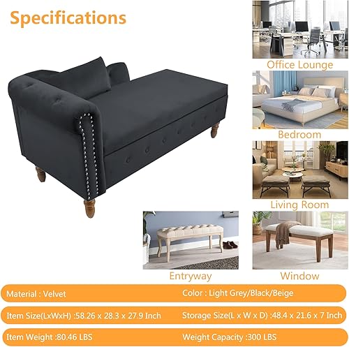 Miniatura 2 de Aoowow Banco de almacenamiento de terciopelo para dormitorio, extremo de la cama, sofá con brazo enrollado, tumbona para interiores con