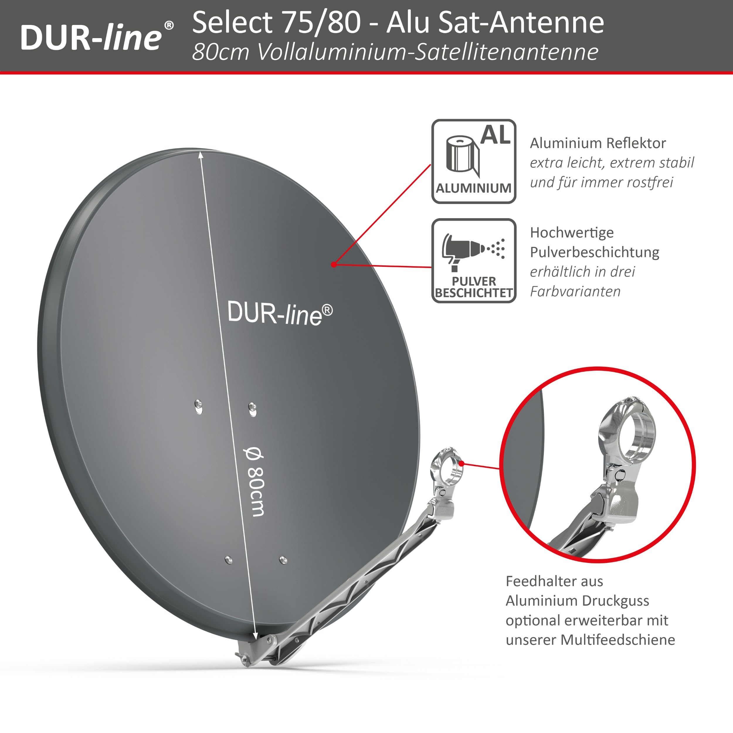 DUR-line Select 80cm Satellitenschüssel Aluminium Sat-Reflektor Anthrazit LNB-Halterung Rostfrei