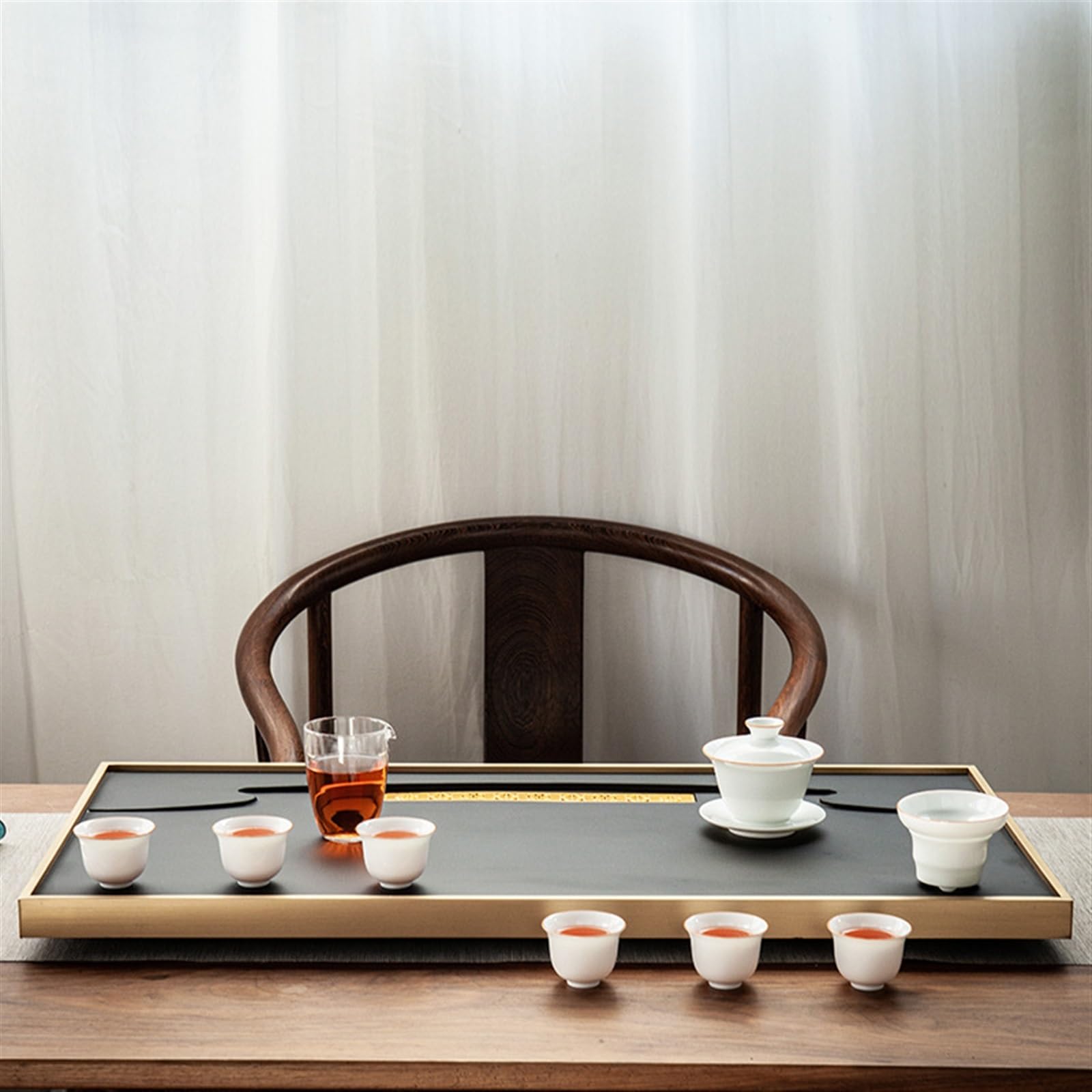 Bandeja de té de ébanita natural, mesa de té simple de piedra negra y dorada, 80 x 40 x 3 cm, bandeja de mar de cobre para juego de té en casa, elegante plato de té