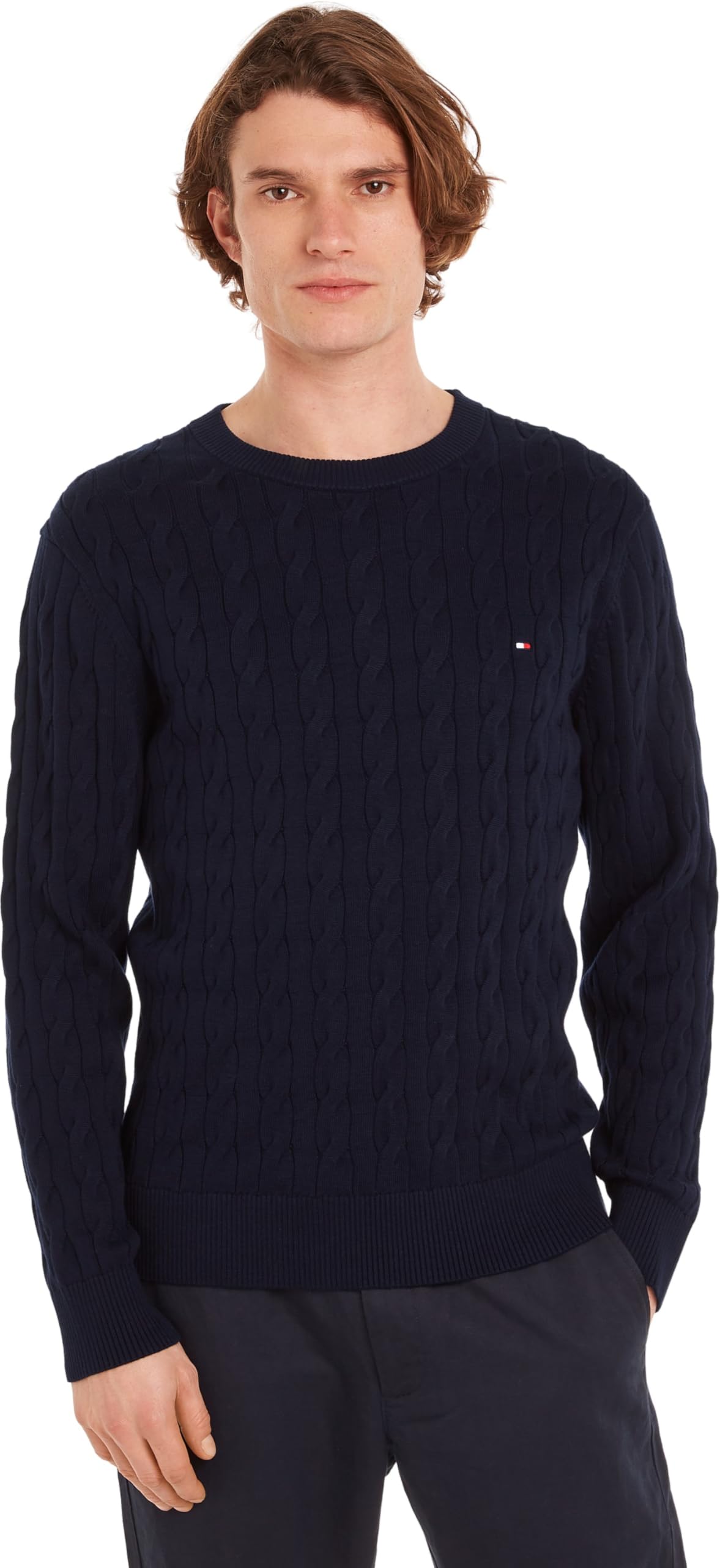 Tommy Hilfiger Men's Blue Intertwined Knit Crew Neck Jumper - Round-Neck Knitwear - 2XL - Knitwear